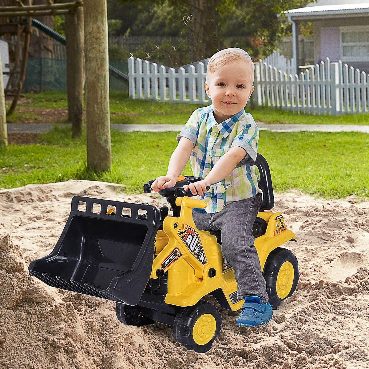 Kids Toddler Ride On Excavator Toy - Yellow Digger Bulldozer Construction Vehicle With Bucket, Horn, Steering Wheel.