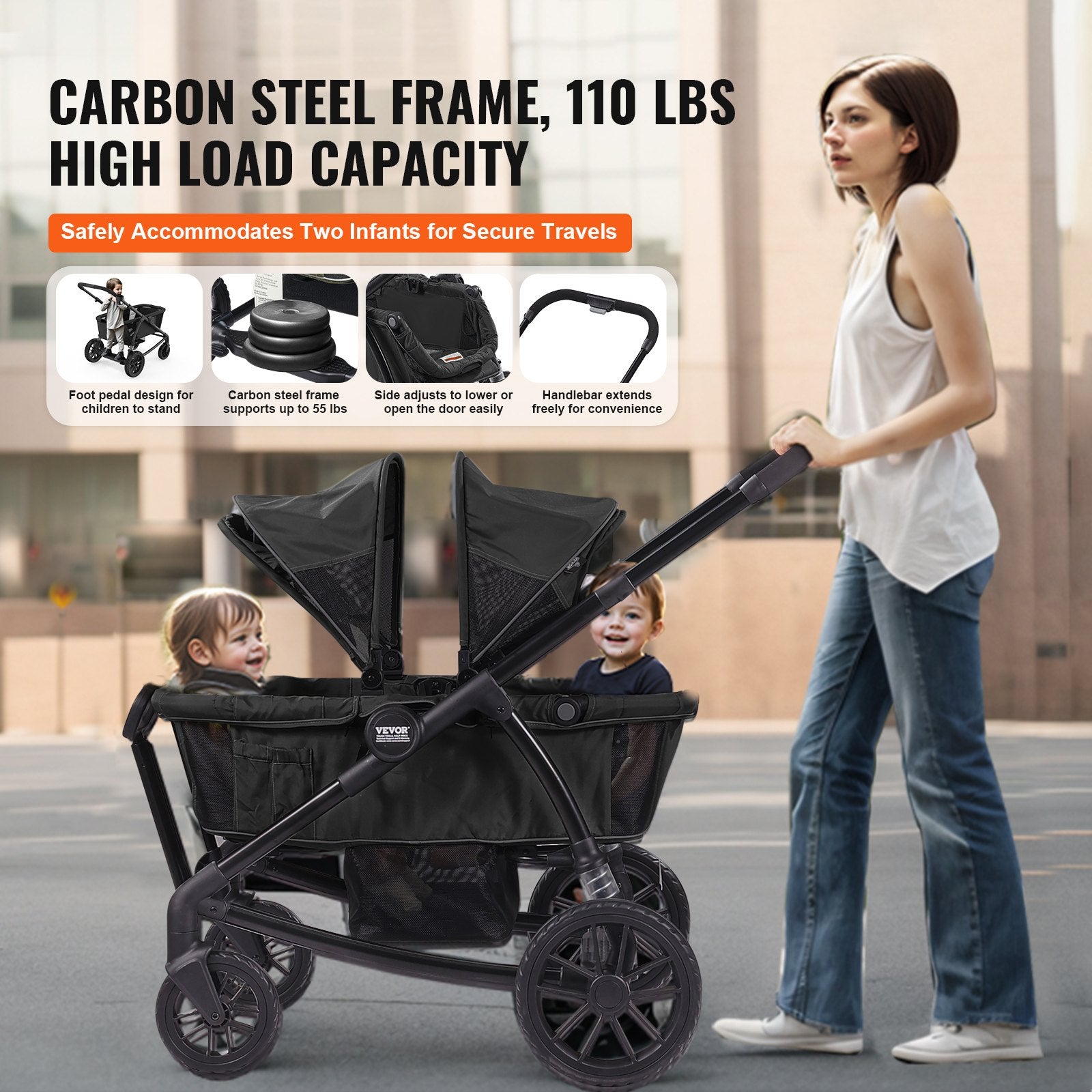 2-in-1 Collapsible Wagon Stroller - All-Terrain 2 seater - Includes Canopy, Parent Organizer, Snack Tray & Cup Holders.