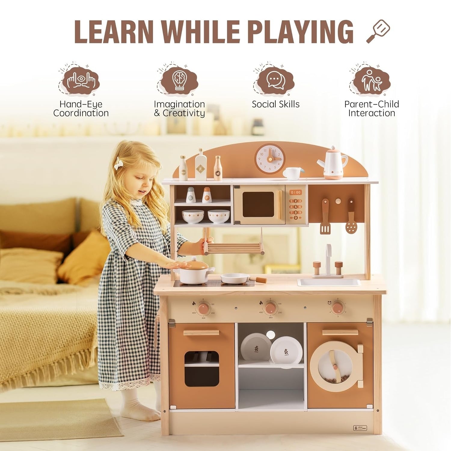 Large Kids Toddlers Wooden Kitchen Playset With Accessories