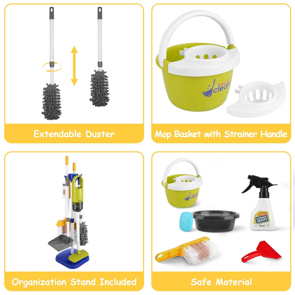 Kids Cleaning Toy Set -14 Piece Pretend Housekeeping Play Kit With Vacuum Cleaner, Broom, Mop and Organization Stand For Boys Girls Age 3 - 5