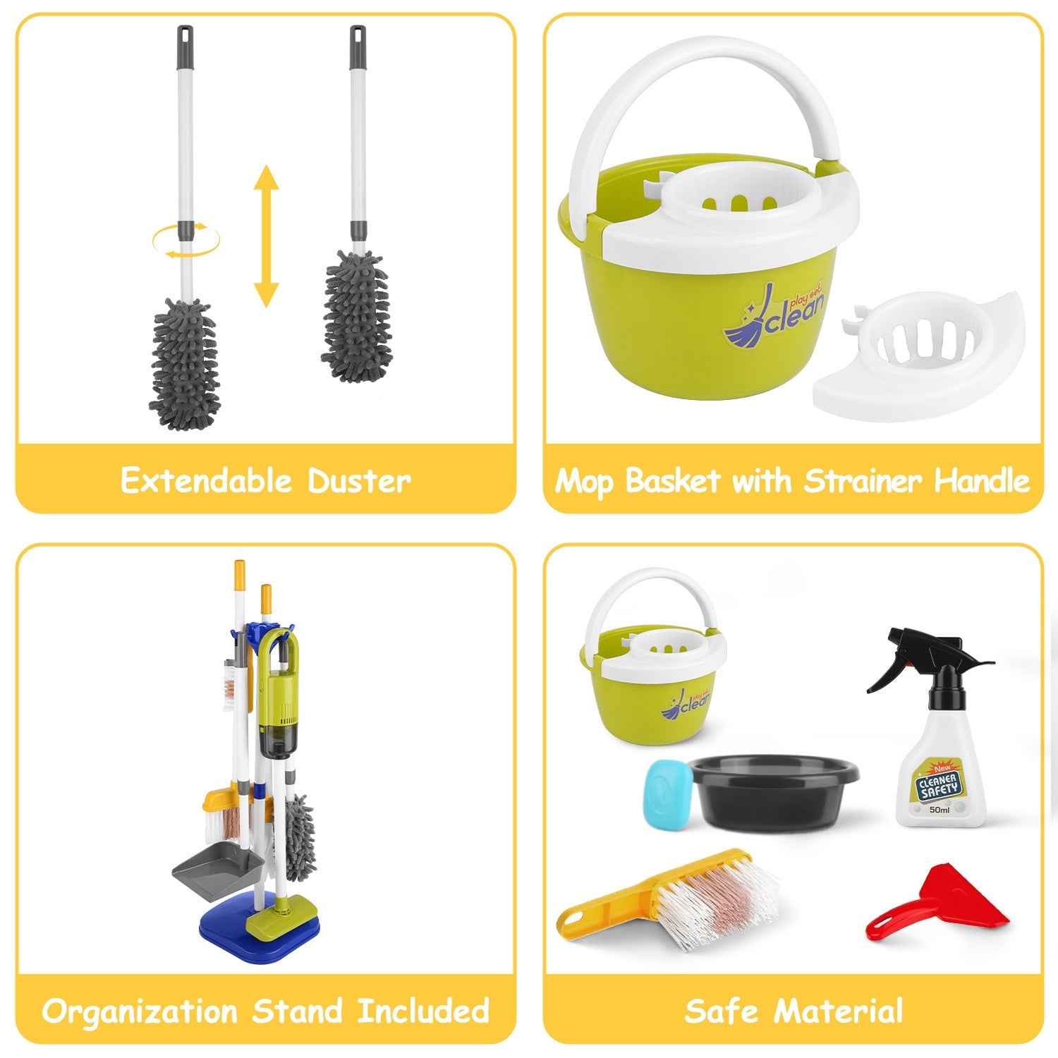 Kids Cleaning Toy Set -14 Piece Pretend Housekeeping Play Kit With Vacuum Cleaner, Broom, Mop and Organization Stand For Boys Girls Age 3 - 5