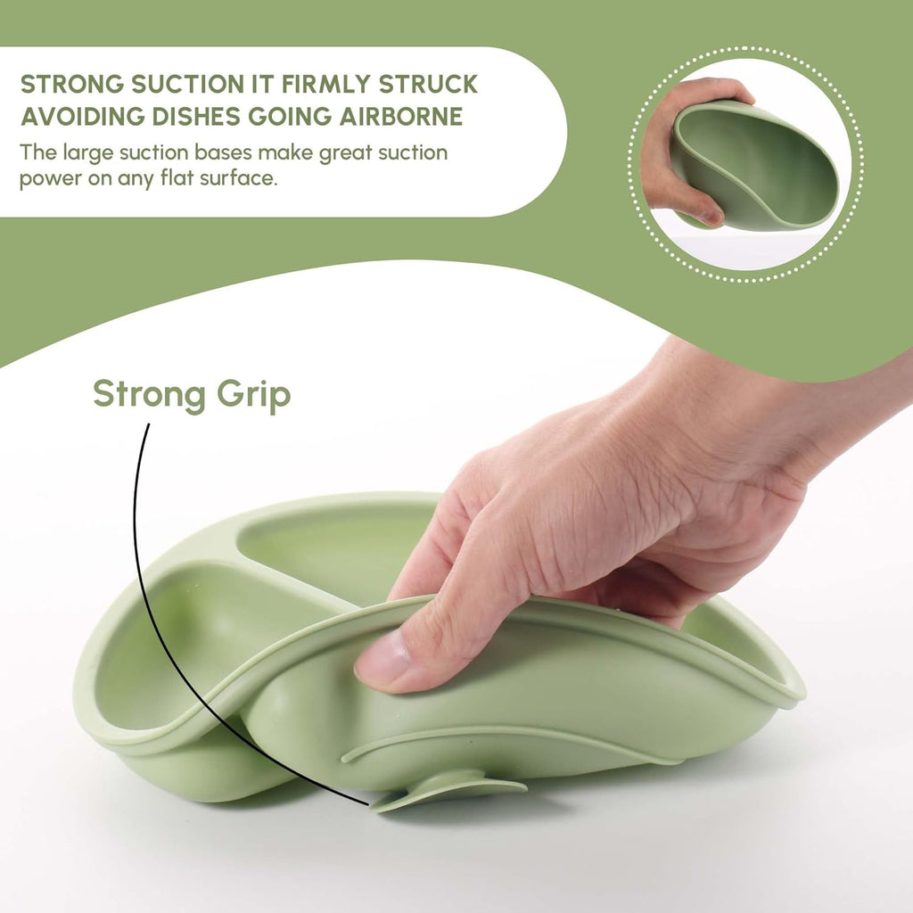 SiIicon Baby Feeding Set - 10 Pcs Baby Led Weaning Supplies - With Divided Bowl, Plate, Adjustable Soft Bib, Spoon, Fork, Snack Cup With Lid And Other Utensils.