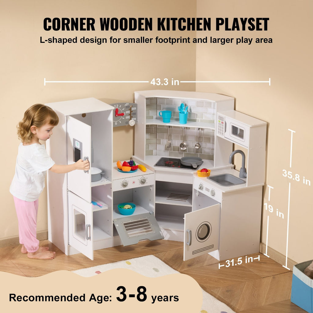 Kids Corner Wooden Kitchen Playset - Pretend Cooking Play Toy - with Stove, Oven, Sink, Fridge, Washing Machine, Microwave Oven, Clock, Storage Cabinet and 24 Accessories.