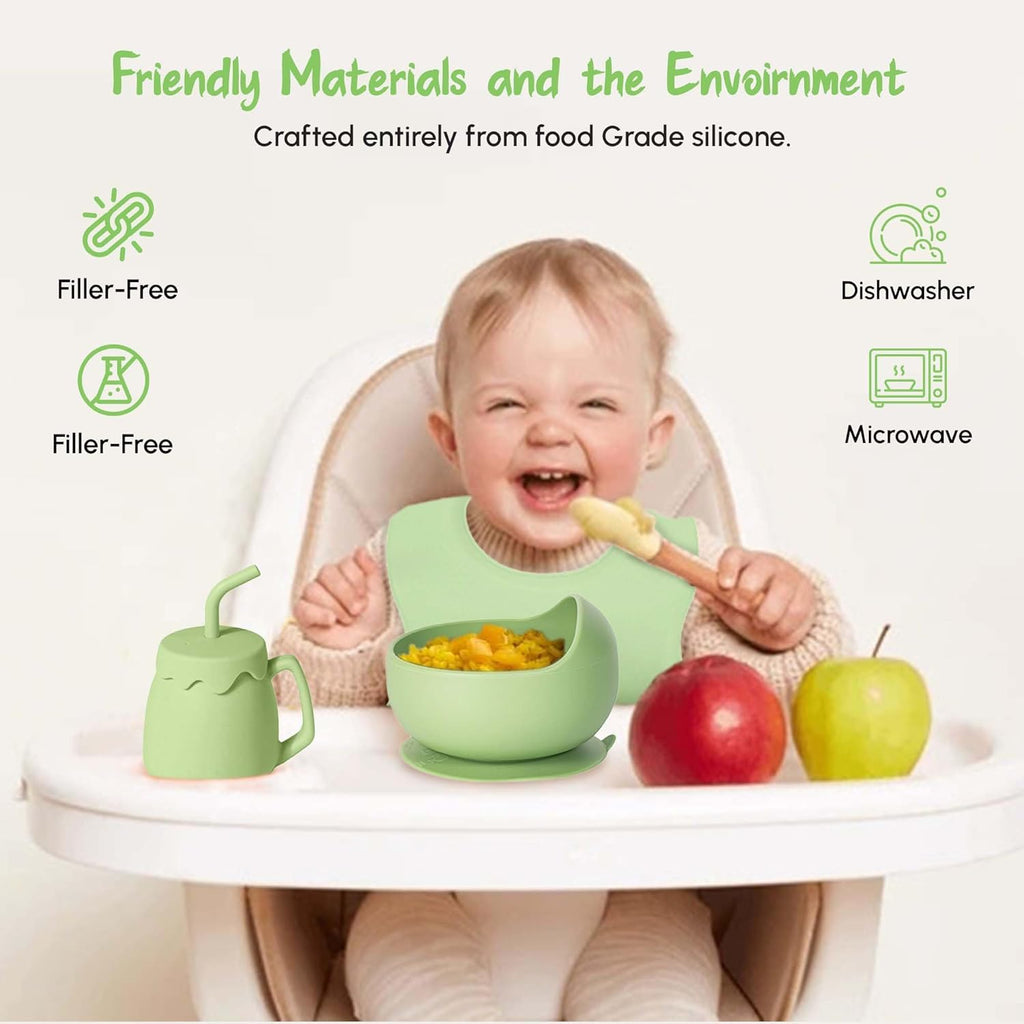 SiIicon Baby Feeding Set - 10 Pcs Baby Led Weaning Supplies - With Divided Bowl, Plate, Adjustable Soft Bib, Spoon, Fork, Snack Cup With Lid And Other Utensils.
