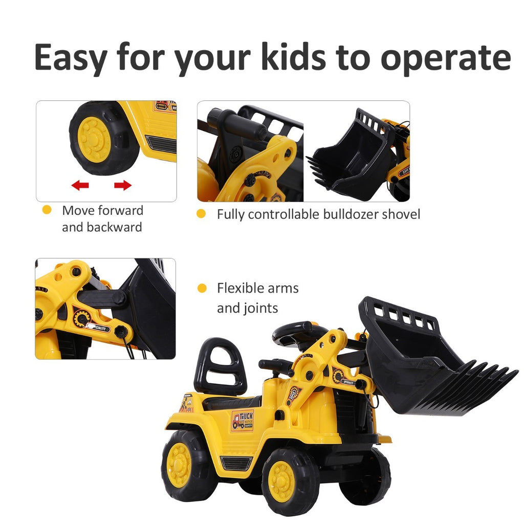 Kids Toddler Ride On Excavator Toy - Yellow Digger Bulldozer Construction Vehicle With Bucket, Horn, Steering Wheel.
