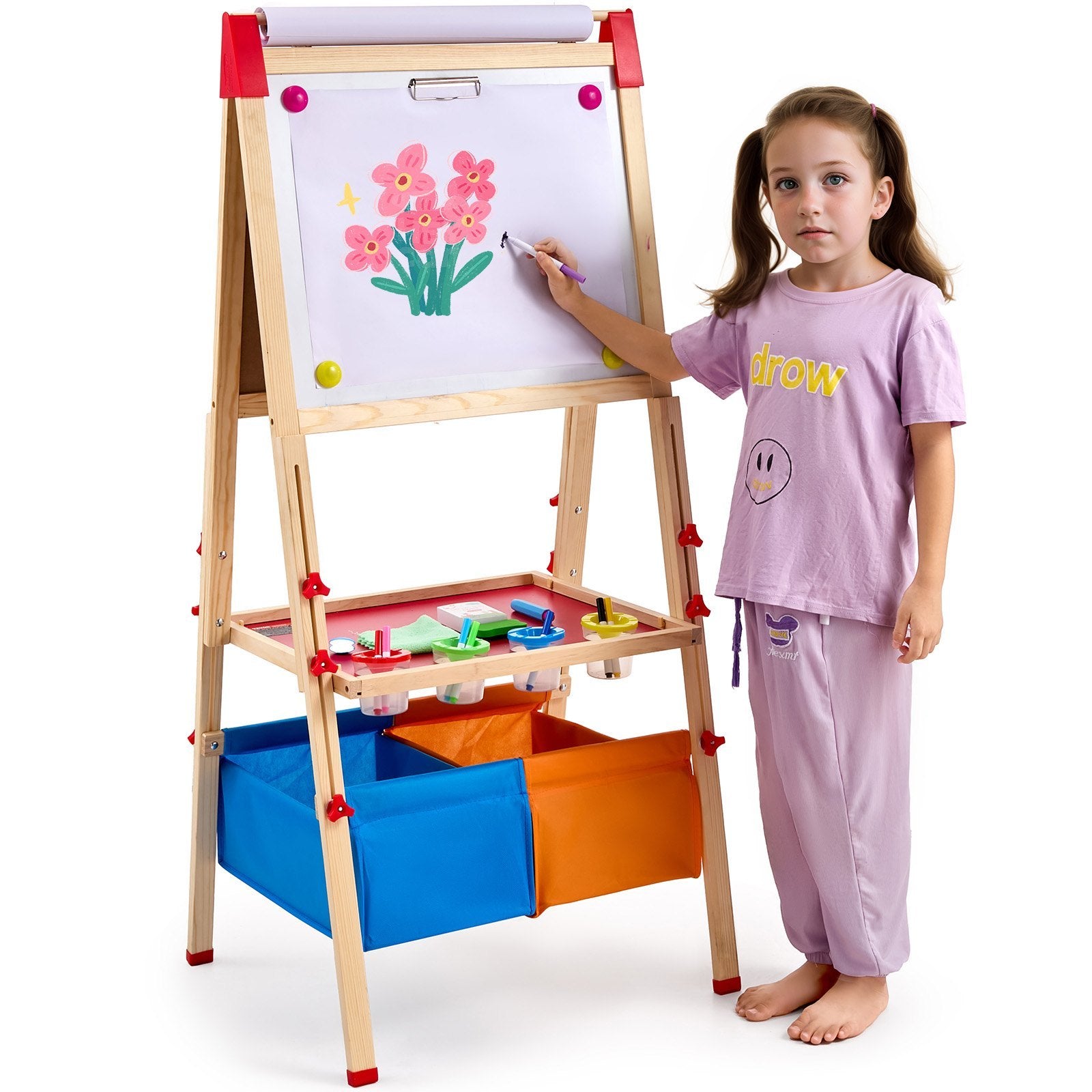 3-in-1 Kids Wooden Art Easel Adjustable Double-Sided Magnetic Whiteboard / Chalkboard - Includes accessories.