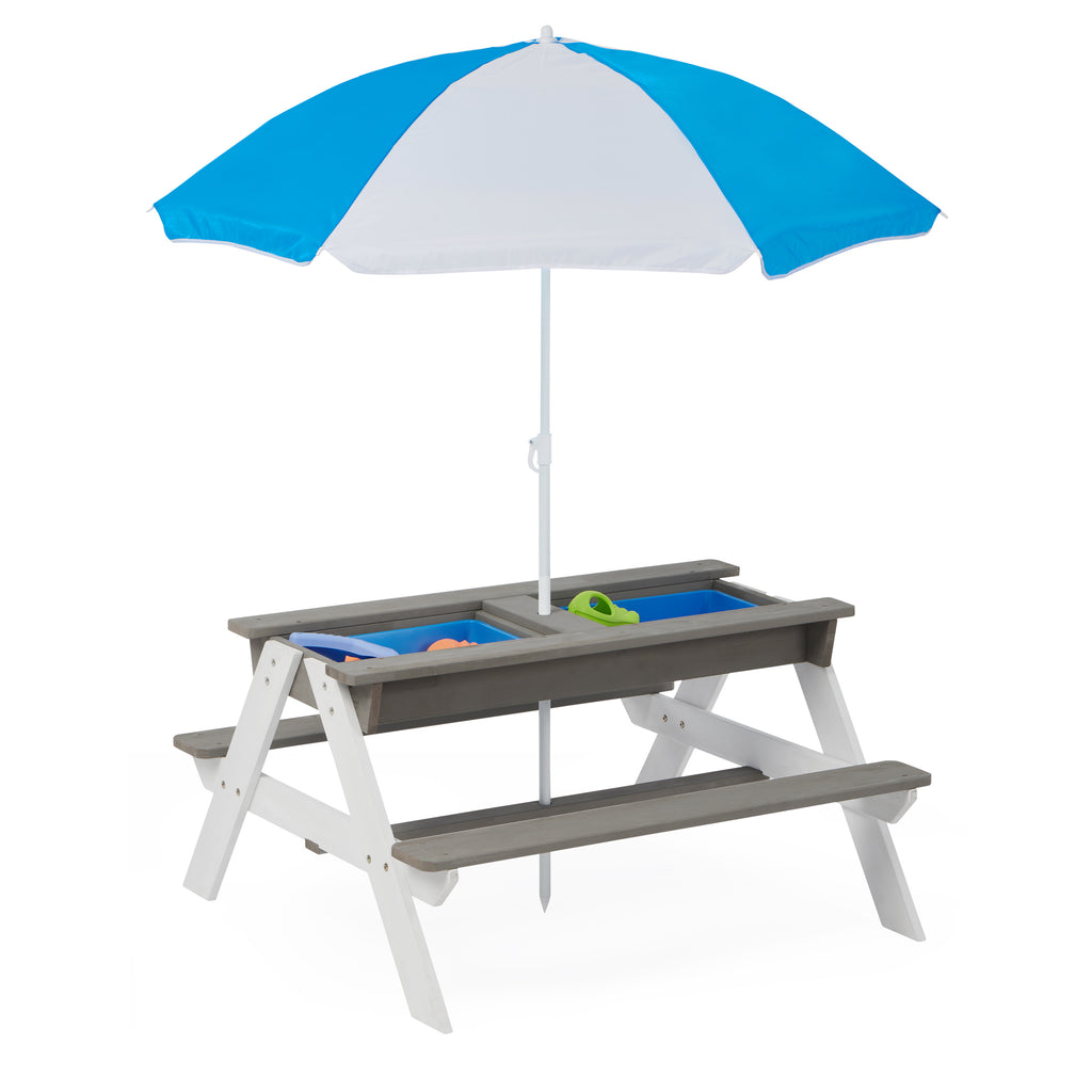 3-in-1 Kids Outdoor Wooden Picnic Table With Umbrella - Convertible for Sand And Water Play - Includes 7 Plastic Toys