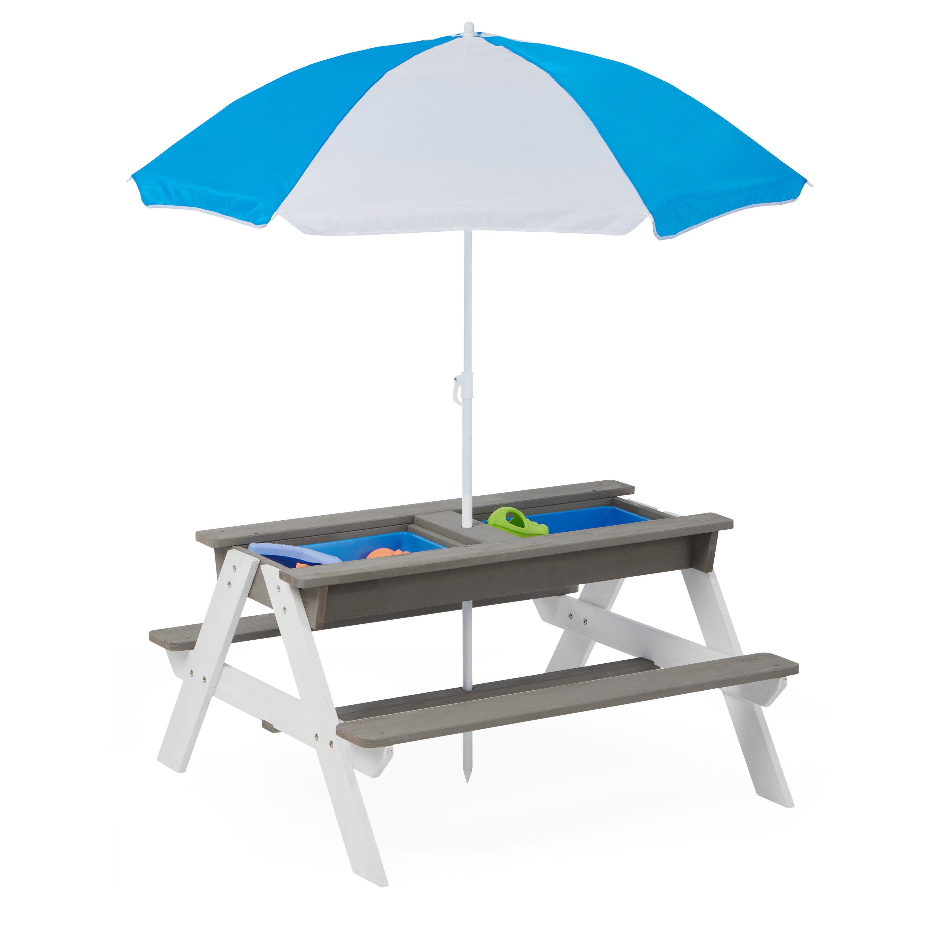 3-in-1 Kids Outdoor Wooden Picnic Table With Umbrella - Convertible for Sand And Water Play - Includes 7 Plastic Toys