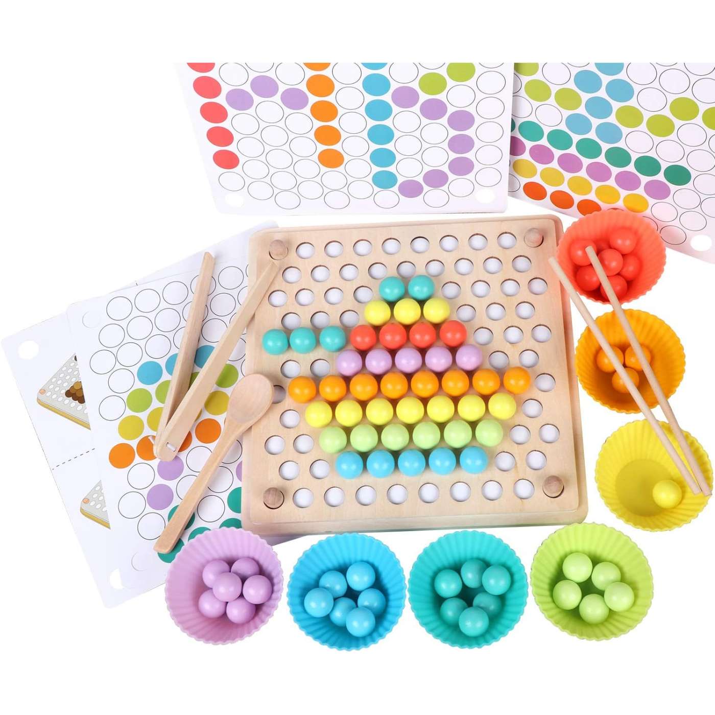 Wooden Montessori Learning Peg Board with Beads - Color Sorting, Stacking, Matching, Counting Toy For Toddlers.