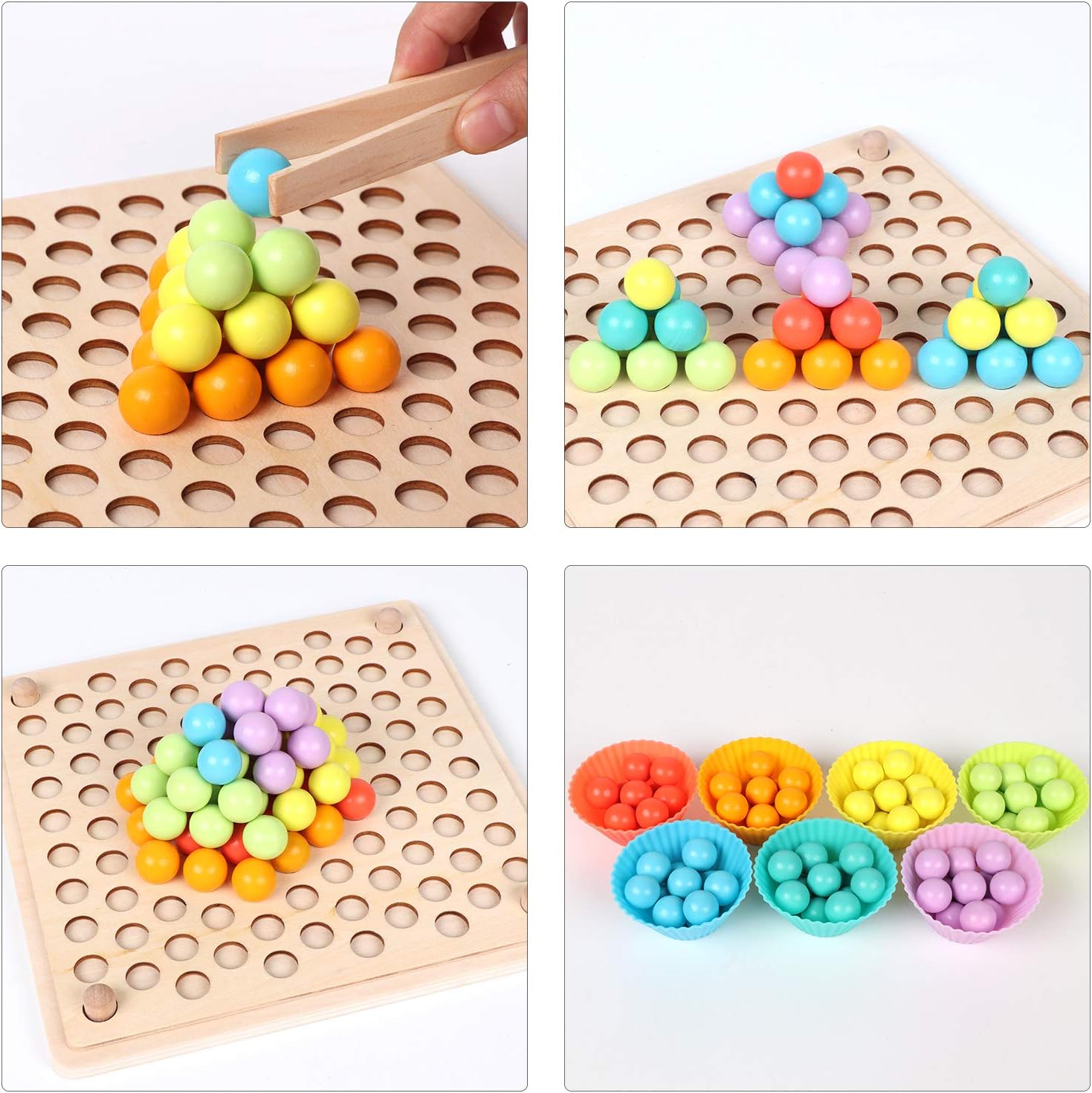 Wooden Montessori Learning Peg Board with Beads - Color Sorting, Stacking, Matching, Counting Toy For Toddlers.