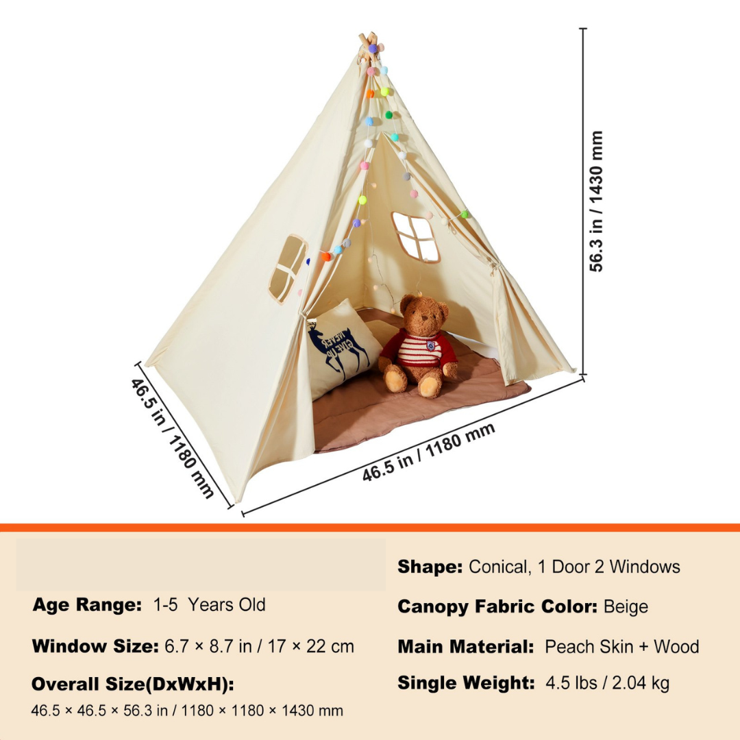 Teepee Tent For Kids 1-5 Years Old, Play Tent For Kids With Windows, Mat And Plush Decorative Balls