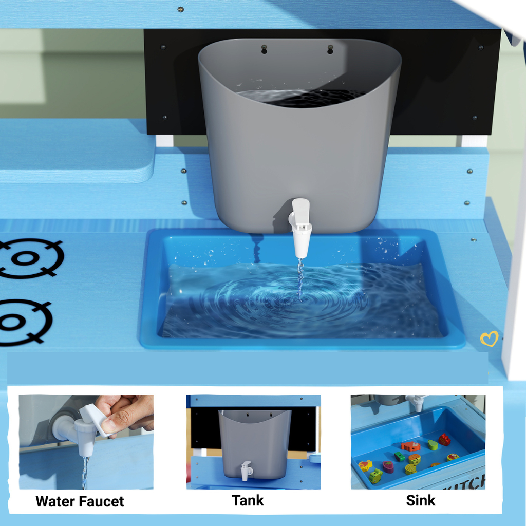 Outdoor Wooden Mud Kitchen Playset For Kids Boys and Girls Ages 3-8  - With Play Sink, Faucet, Water Tank, Storage Shelves and Kitchen Accessories / Fun Montessori Backyard Pretend Play