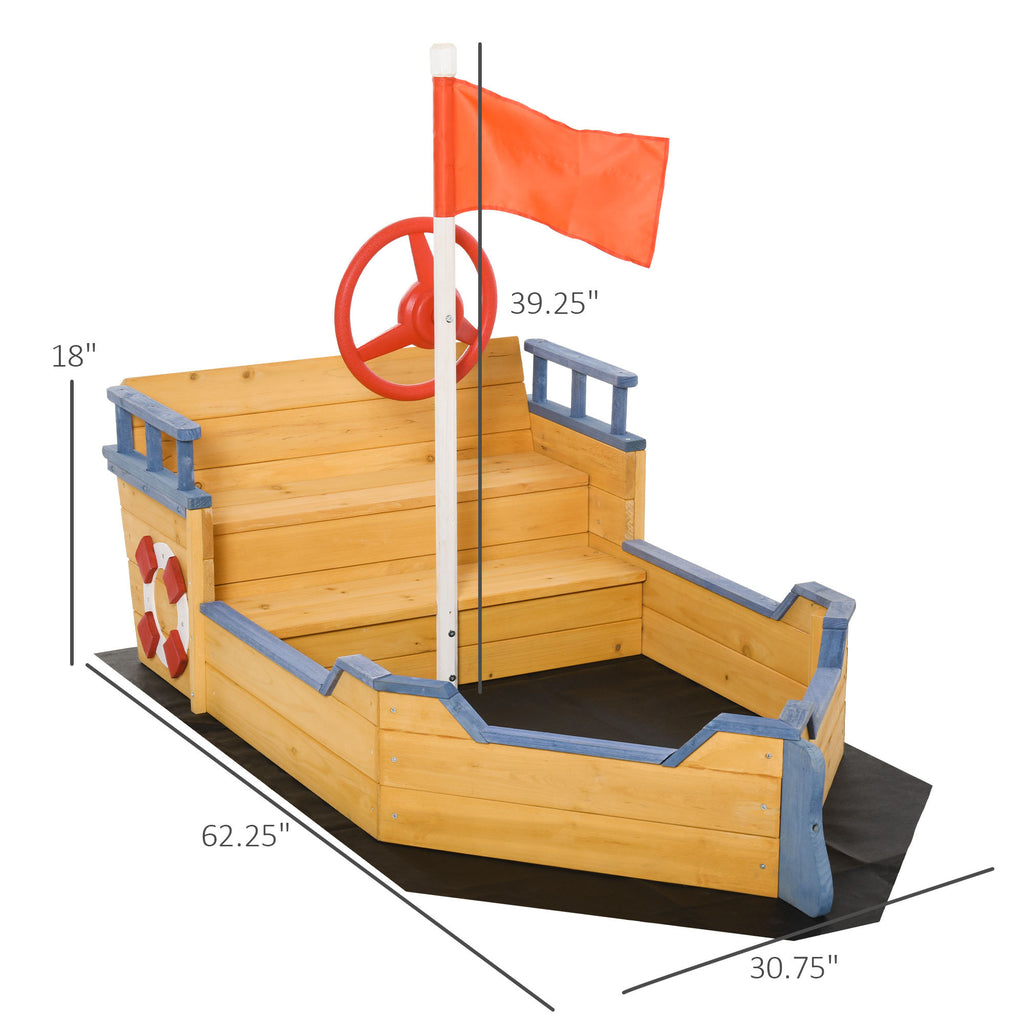 Wooden Kids Sandbox - Pirate Ship Play Boat With Bench Seats And Storage for Outside Play