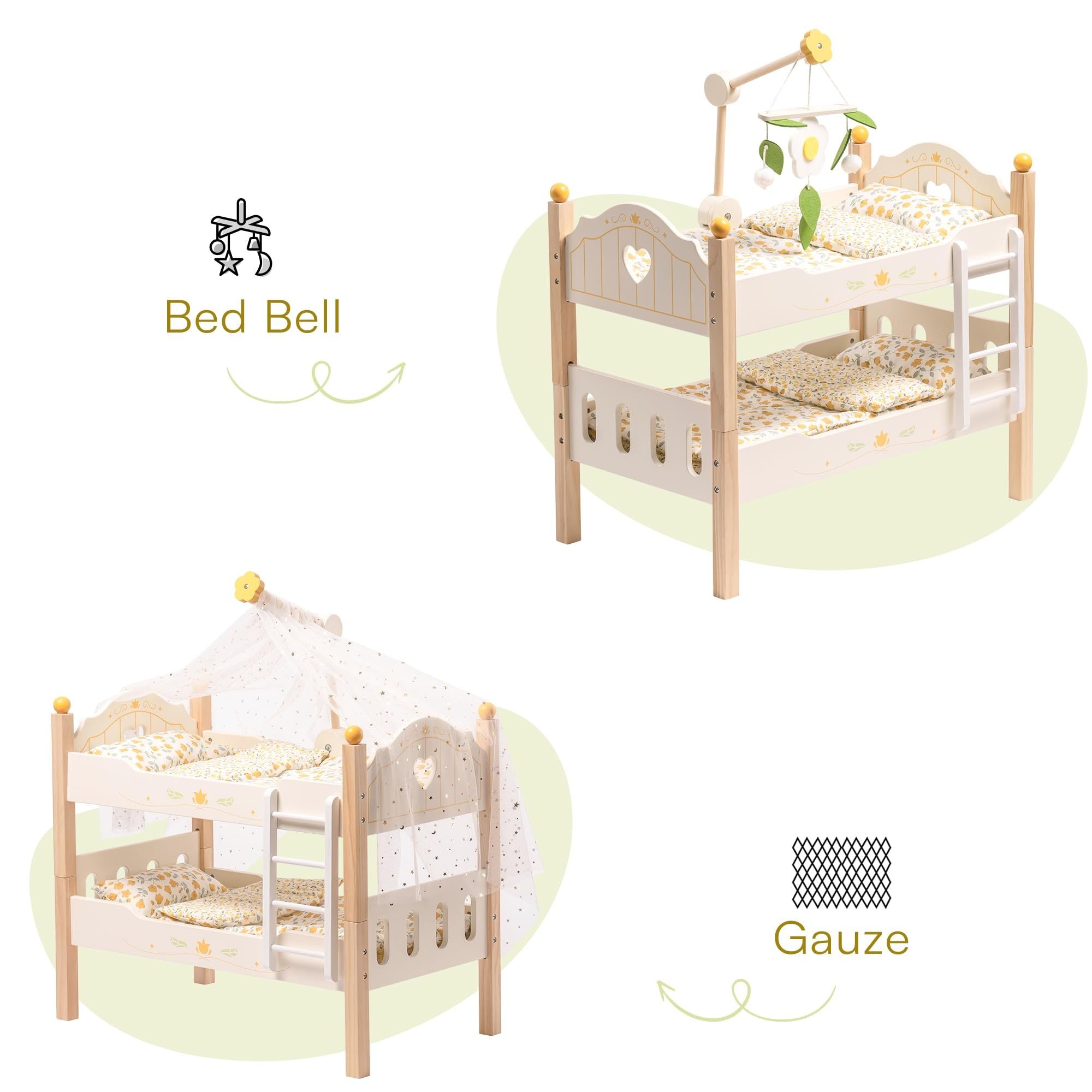 Baby Doll Bunk Beds - Wooden Crib For 18 Inch Dolls with Accessories