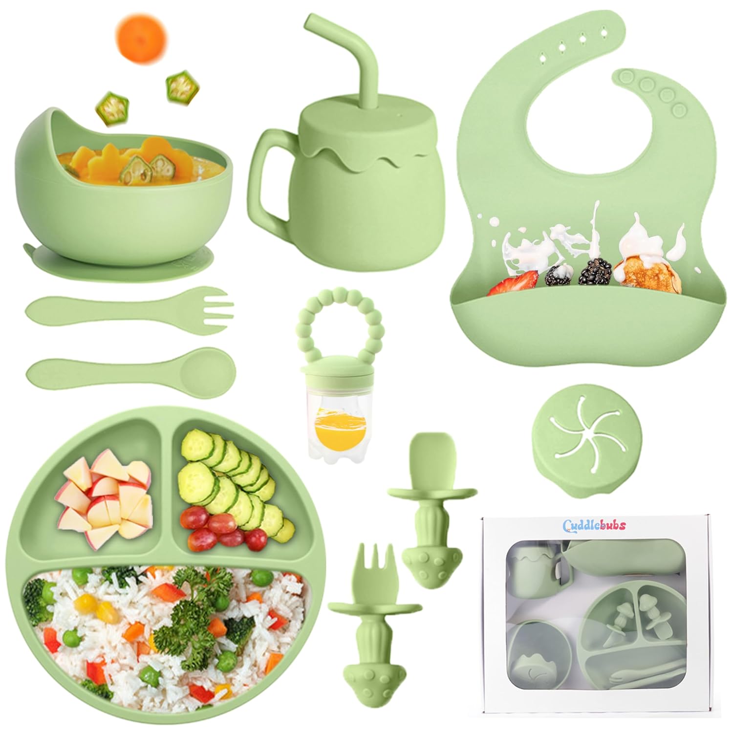 SiIicon Baby Feeding Set - 10 Pcs Baby Led Weaning Supplies - With Divided Bowl, Plate, Adjustable Soft Bib, Spoon, Fork, Snack Cup With Lid And Other Utensils.