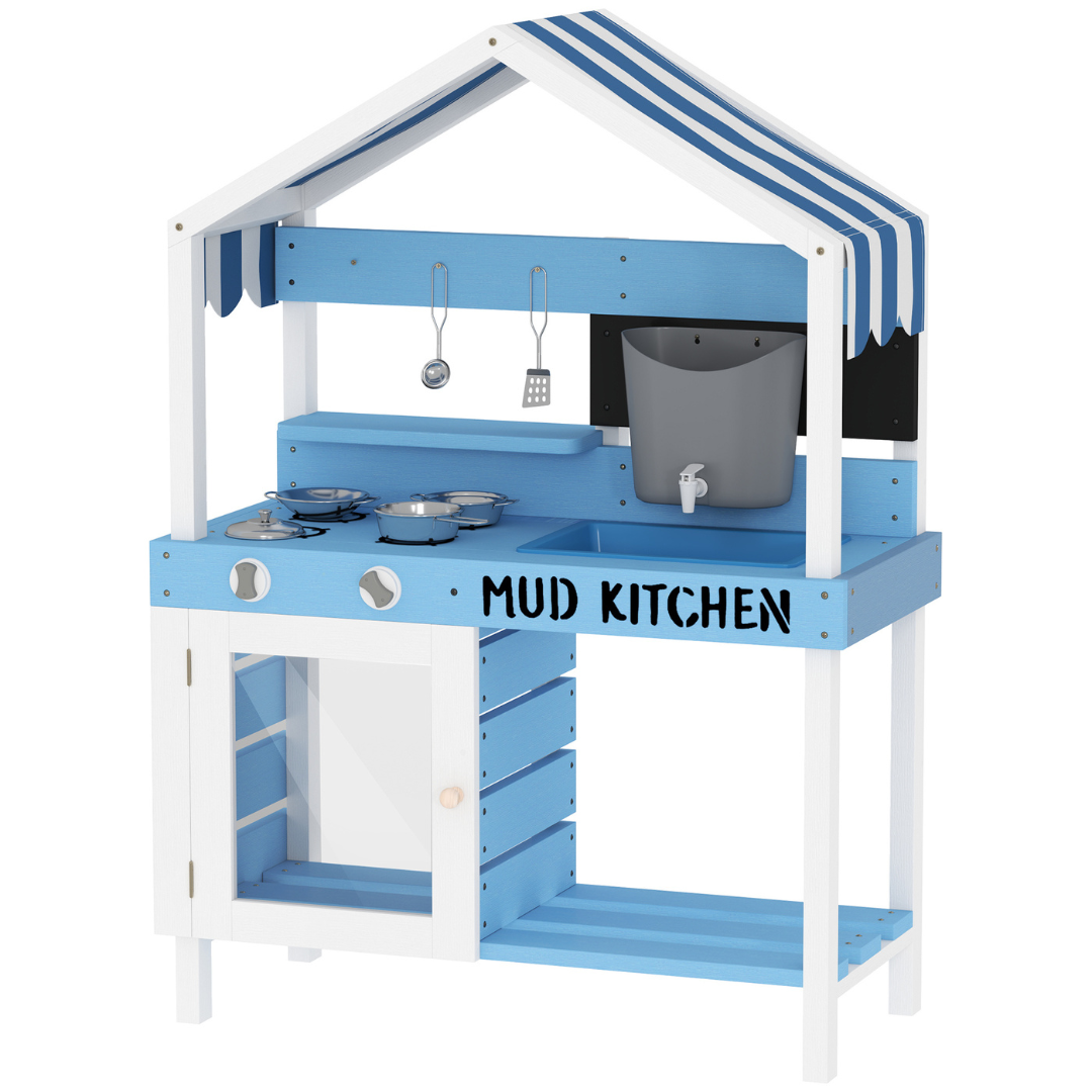 Outdoor Wooden Mud Kitchen Playset For Kids Boys and Girls Ages 3-8  - With Play Sink, Faucet, Water Tank, Storage Shelves and Kitchen Accessories / Fun Montessori Backyard Pretend Play