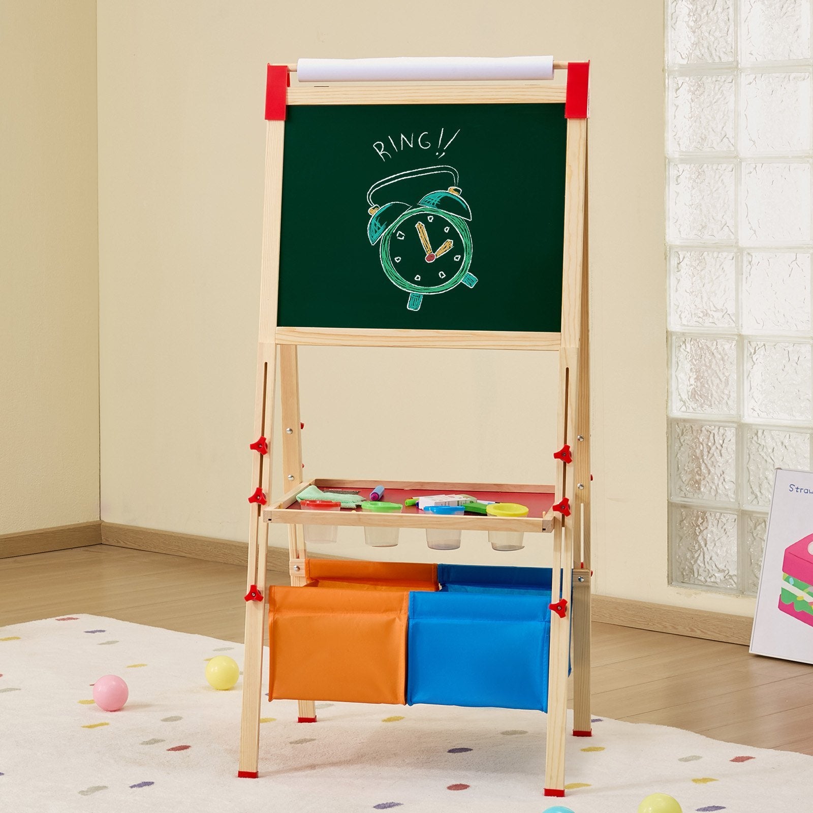 3-in-1 Kids Wooden Art Easel Adjustable Double-Sided Magnetic Whiteboard / Chalkboard - Includes accessories.