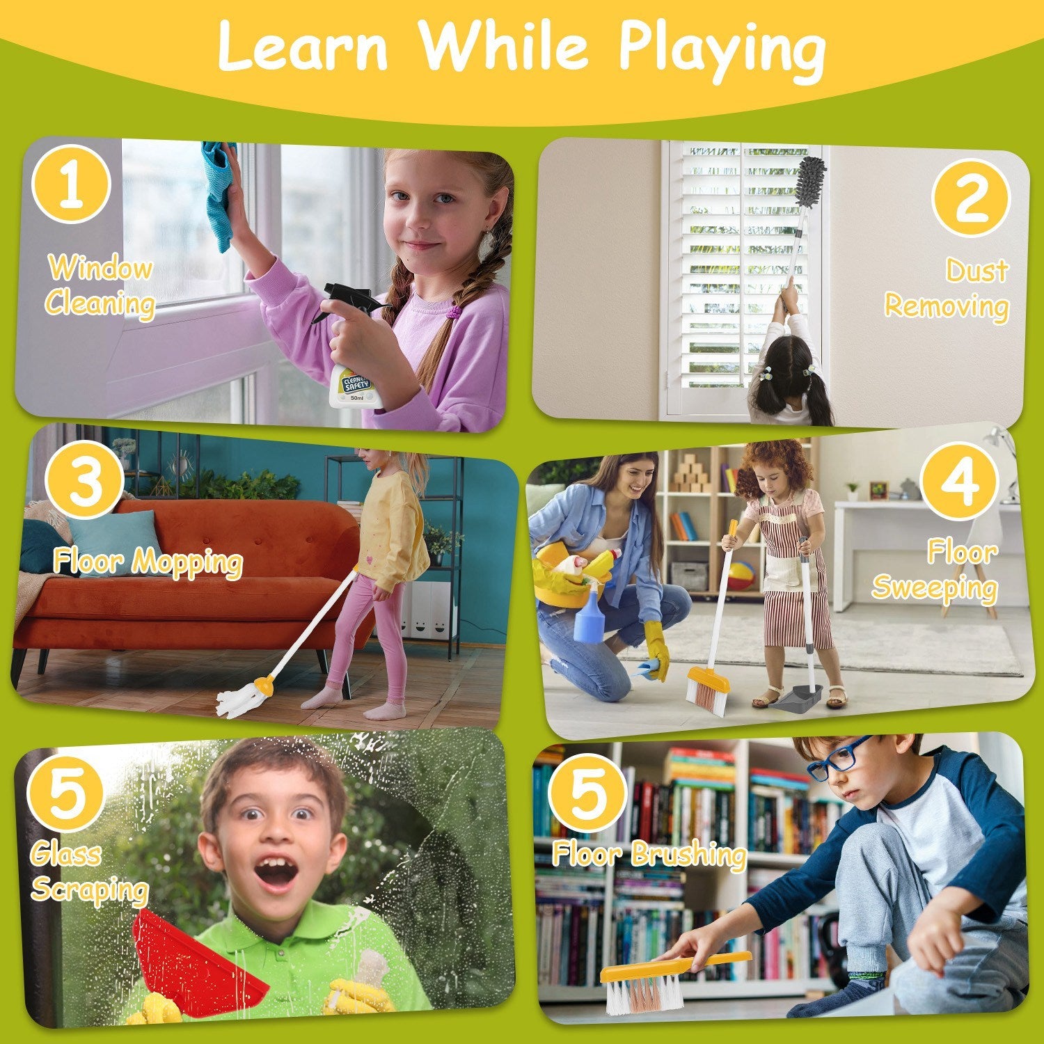 Kids Cleaning Toy Set -14 Piece Pretend Housekeeping Play Kit With Vacuum Cleaner, Broom, Mop and Organization Stand For Boys Girls Age 3 - 5