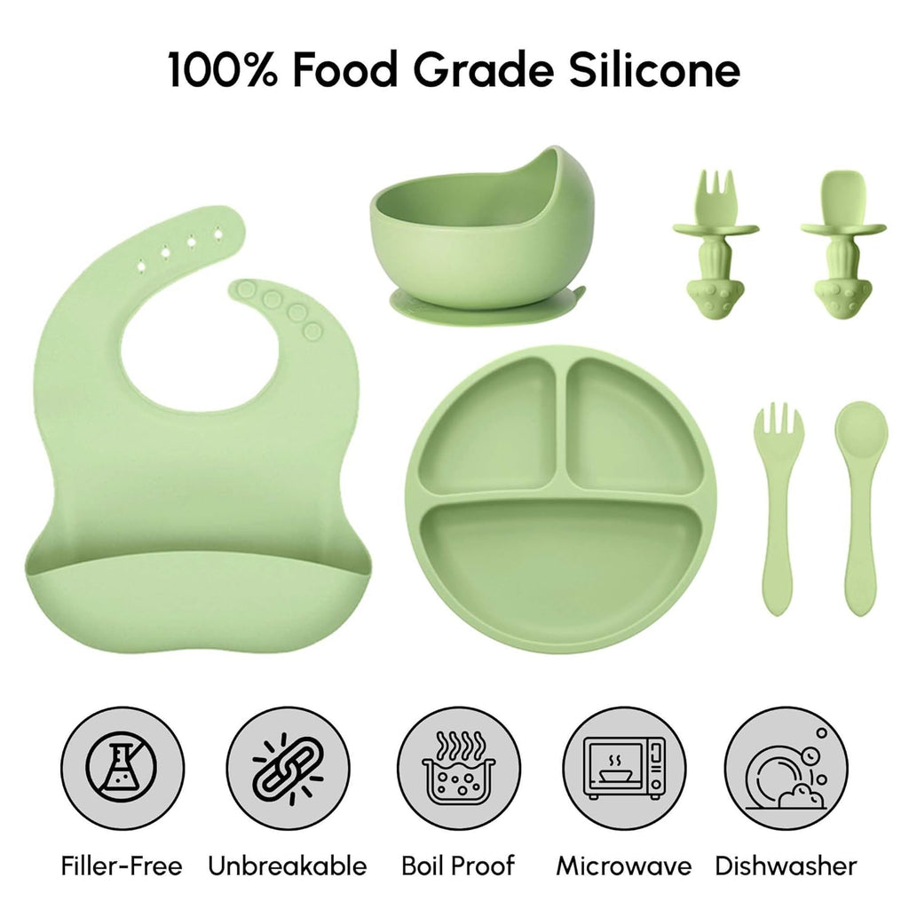 SiIicon Baby Feeding Set - 10 Pcs Baby Led Weaning Supplies - With Divided Bowl, Plate, Adjustable Soft Bib, Spoon, Fork, Snack Cup With Lid And Other Utensils.