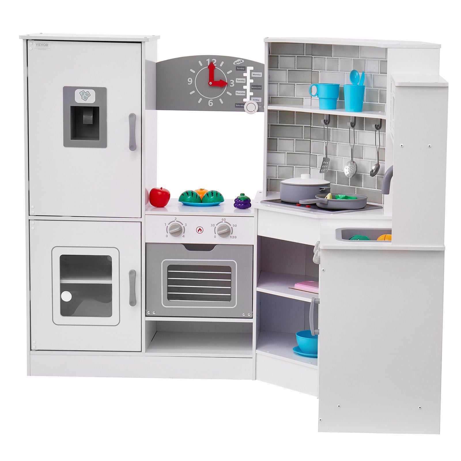 Kids Corner Wooden Kitchen Playset - Pretend Cooking Play Toy - with Stove, Oven, Sink, Fridge, Washing Machine, Microwave Oven, Clock, Storage Cabinet and 24 Accessories.