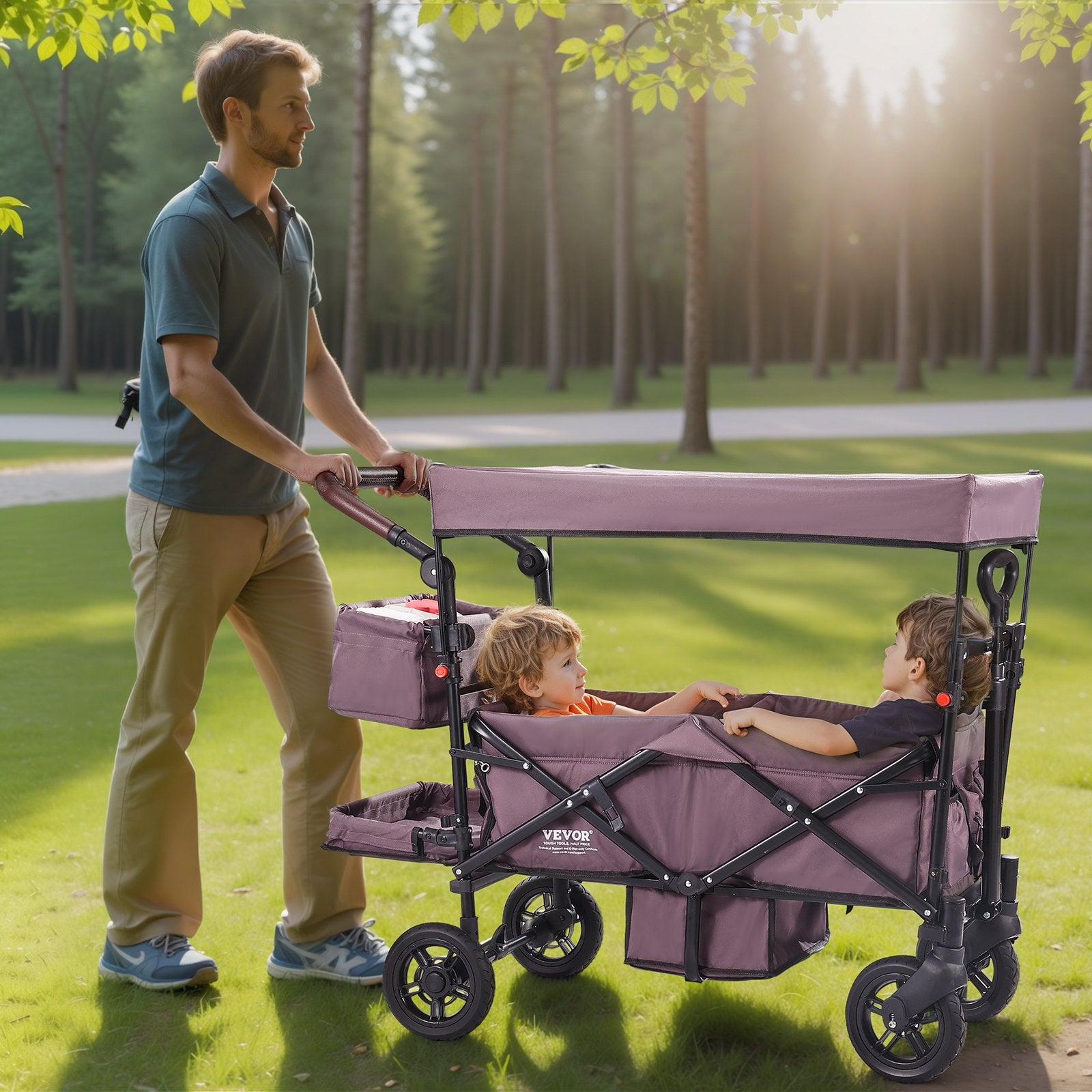 Wagon Stroller - Push Pull Quad Collapsible Stroller With Adjustable Handle, Harness and Removable Canopy