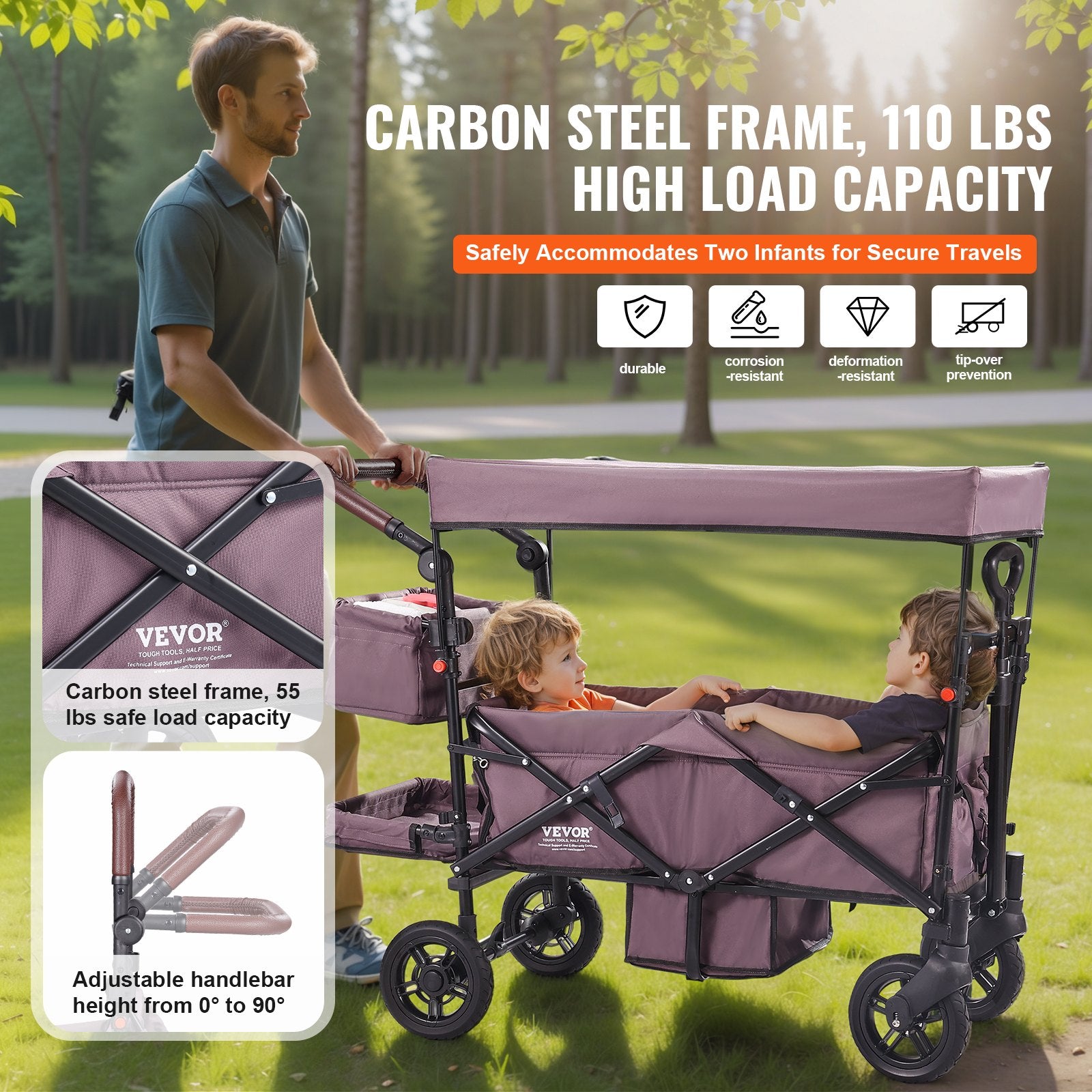 Wagon Stroller - Push Pull Quad Collapsible Stroller With Adjustable Handle, Harness and Removable Canopy