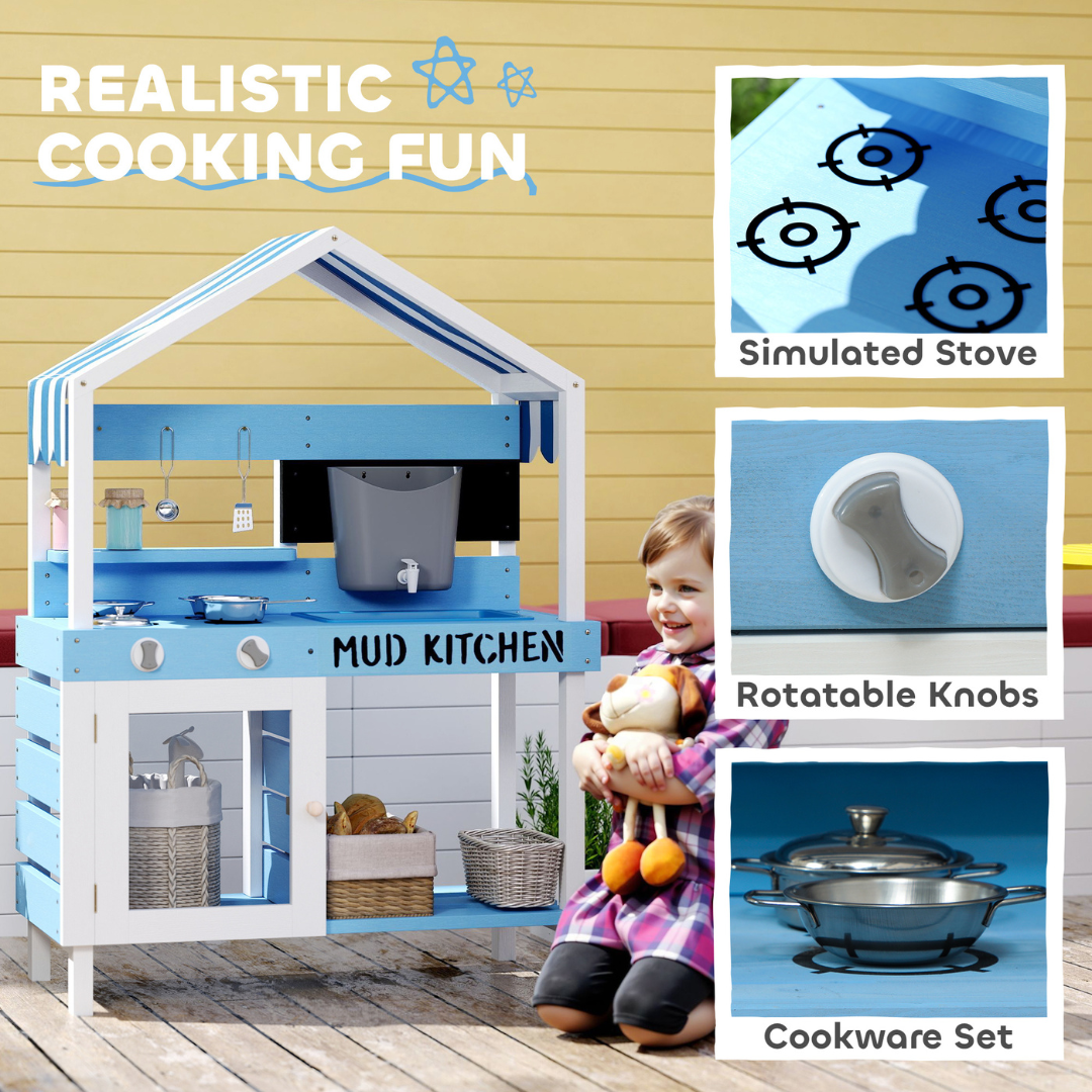 Outdoor Wooden Mud Kitchen Playset For Kids Boys and Girls Ages 3-8  - With Play Sink, Faucet, Water Tank, Storage Shelves and Kitchen Accessories / Fun Montessori Backyard Pretend Play