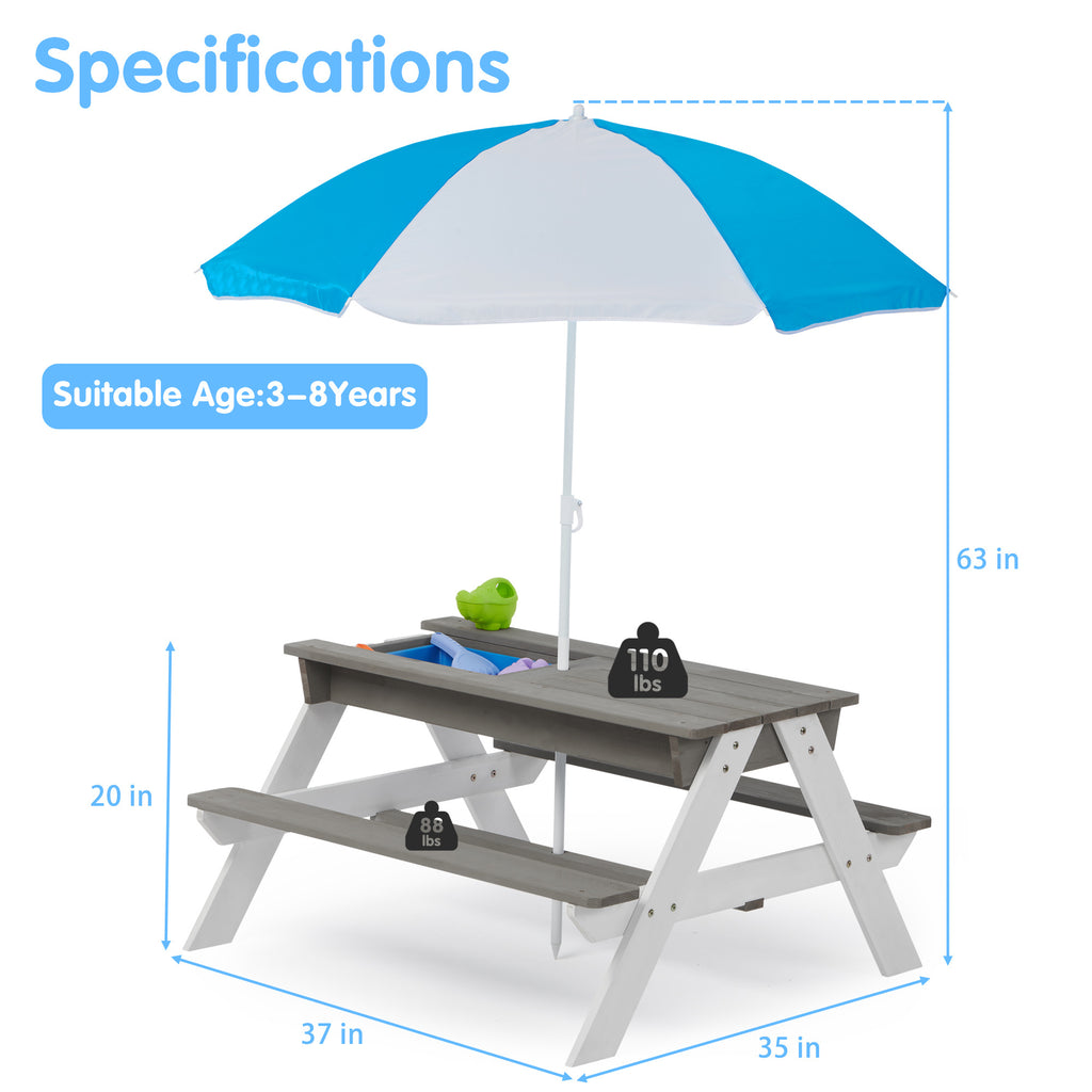 3-in-1 Kids Outdoor Wooden Picnic Table With Umbrella - Convertible for Sand And Water Play - Includes 7 Plastic Toys