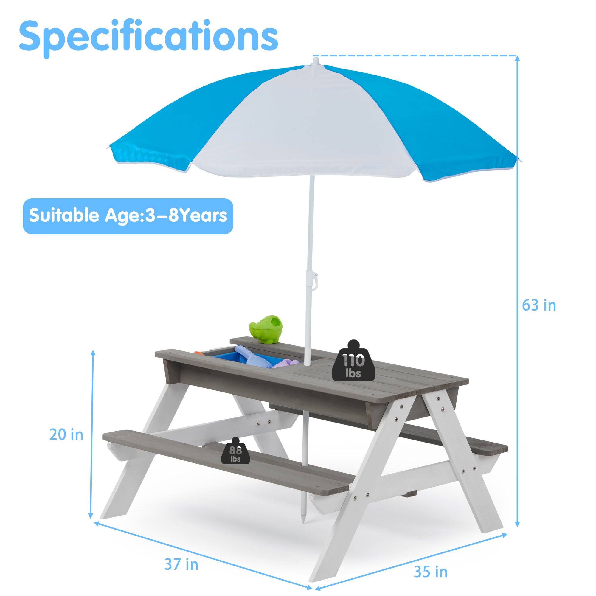 3-in-1 Kids Outdoor Wooden Picnic Table With Umbrella - Convertible for Sand And Water Play - Includes 7 Plastic Toys