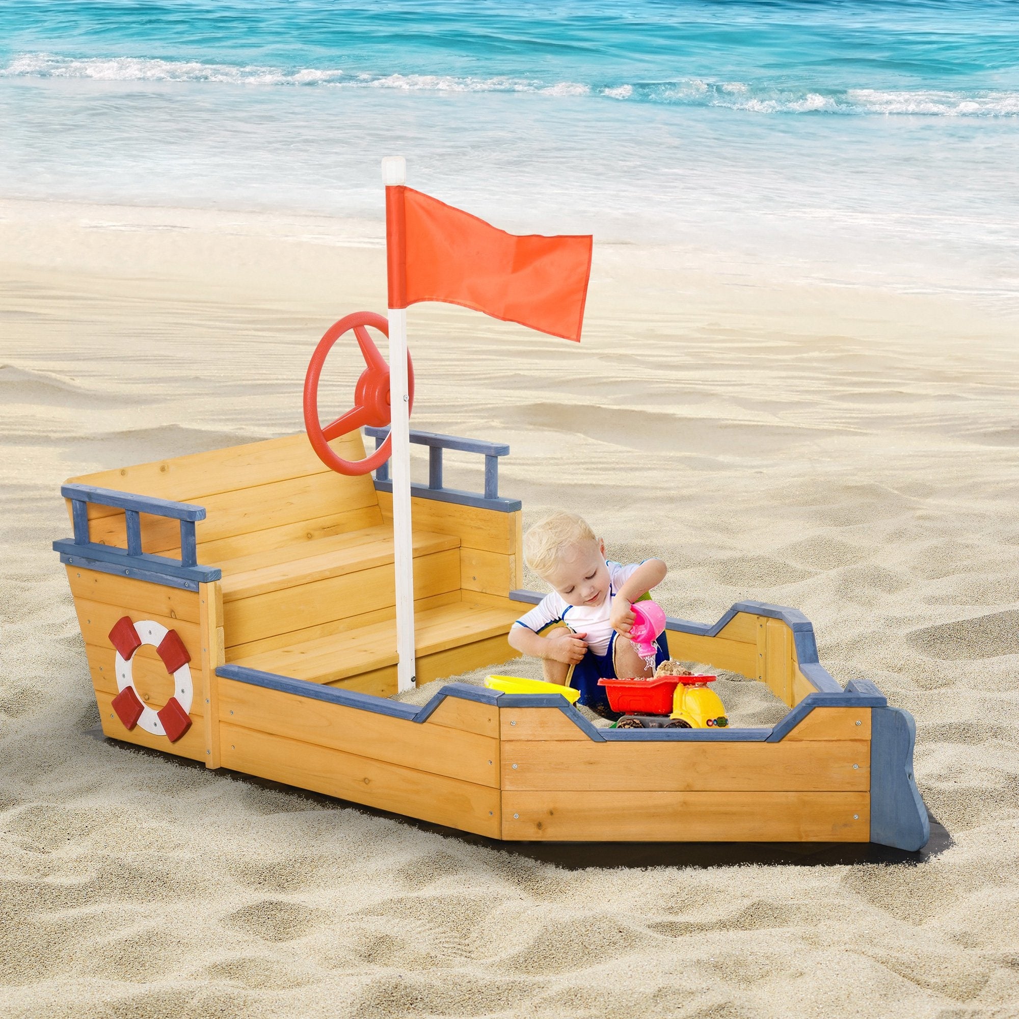Wooden Kids Sandbox - Pirate Ship Play Boat With Bench Seats And Storage for Outside Play
