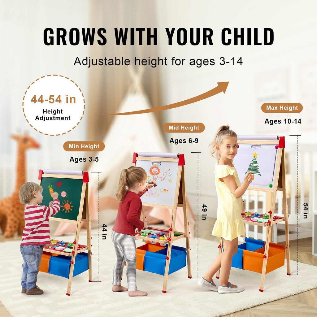 3-in-1 Kids Wooden Art Easel Adjustable Double-Sided Magnetic Whiteboard / Chalkboard - Includes accessories.