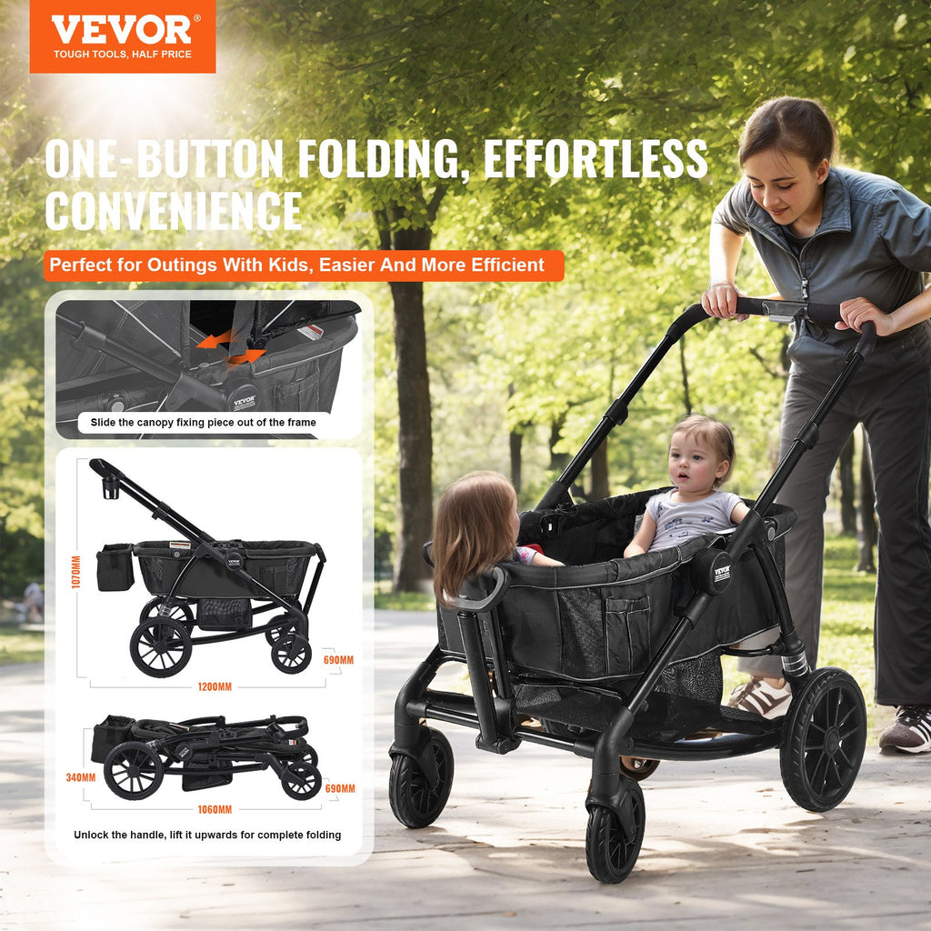 2-in-1 Collapsible Wagon Stroller - All-Terrain 2 seater - Includes Canopy, Parent Organizer, Snack Tray & Cup Holders.
