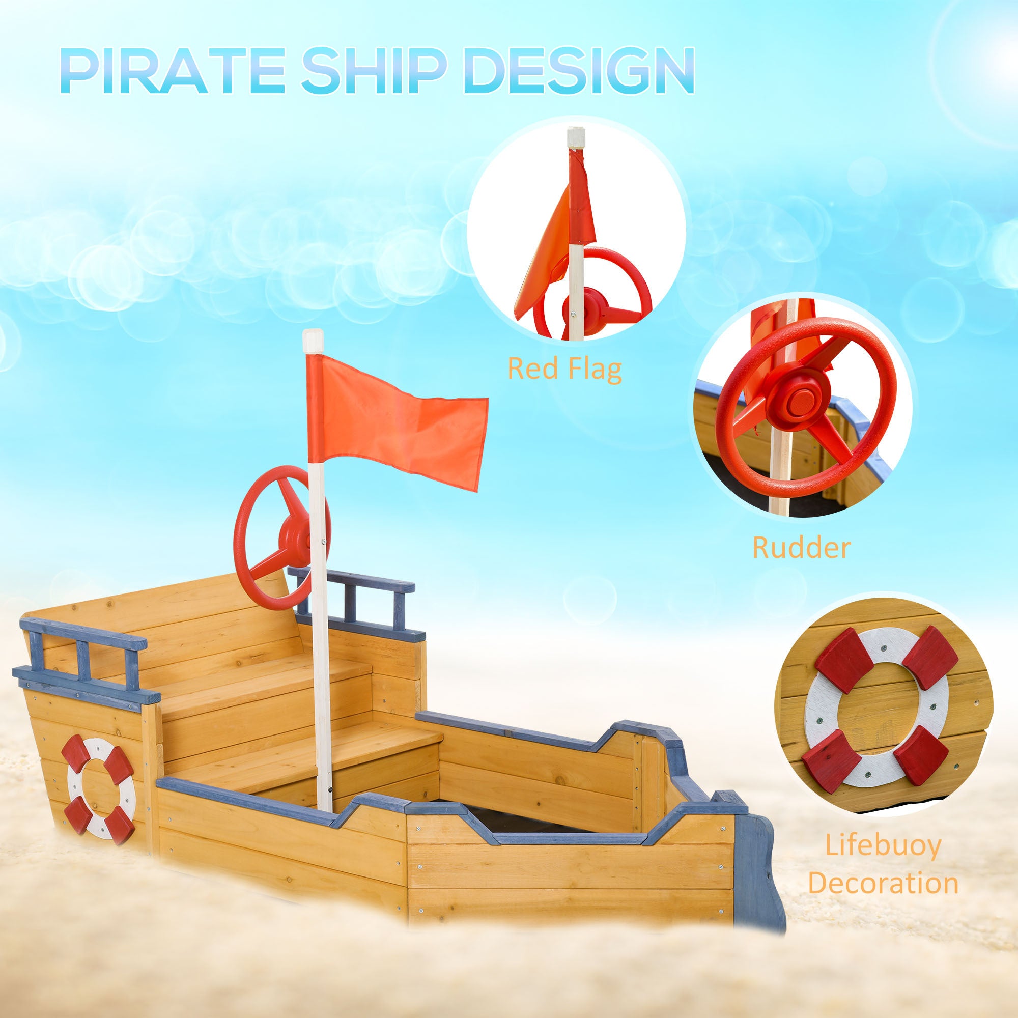 Wooden Kids Sandbox - Pirate Ship Play Boat With Bench Seats And Storage for Outside Play