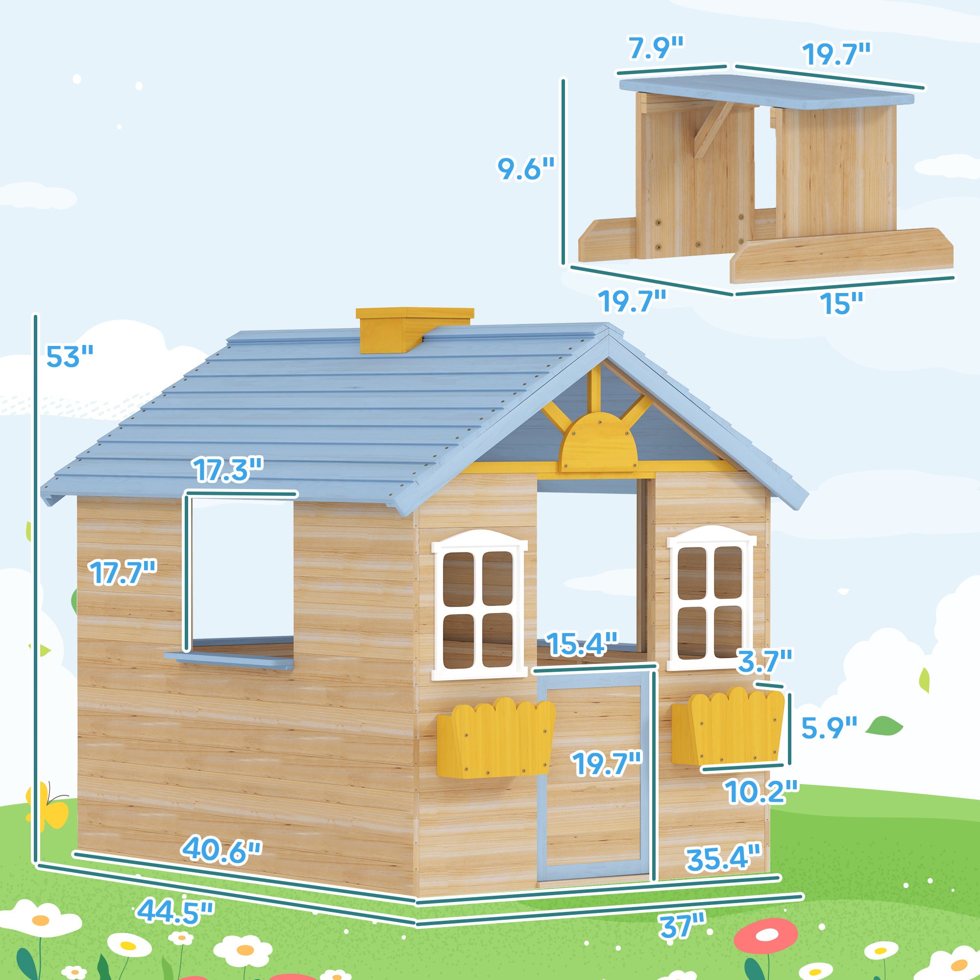 Wooden Playhouse for Kids for Outdoor - Garden Cottage - with Bench, Working Door, Windows, Bench, Serving Station and Flower Pot Holder.