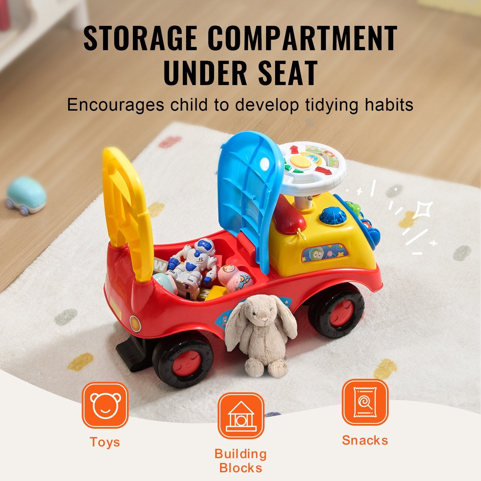 Ride On Push Car For Toddlers - Ages 1-3 Toddler Ride On Toy - With Music Steering Wheel, Horn & Under Seat Storage.