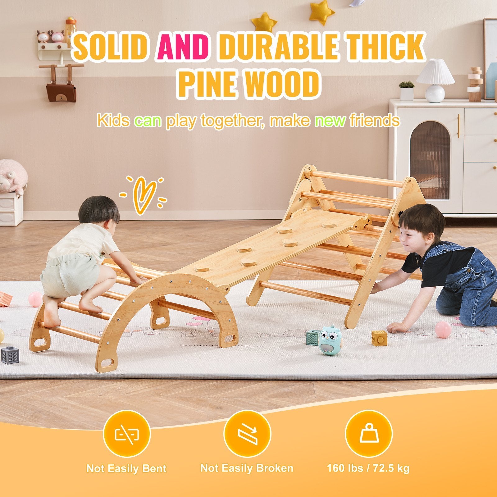 5 In 1 Large Wooden Montessori Toddler Climbing Indoor Playground Jungle Gym with Ramp, Arch and Triangle.