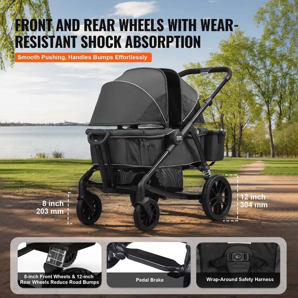 2-in-1 Collapsible Wagon Stroller - All-Terrain 2 seater - Includes Canopy, Parent Organizer, Snack Tray & Cup Holders.