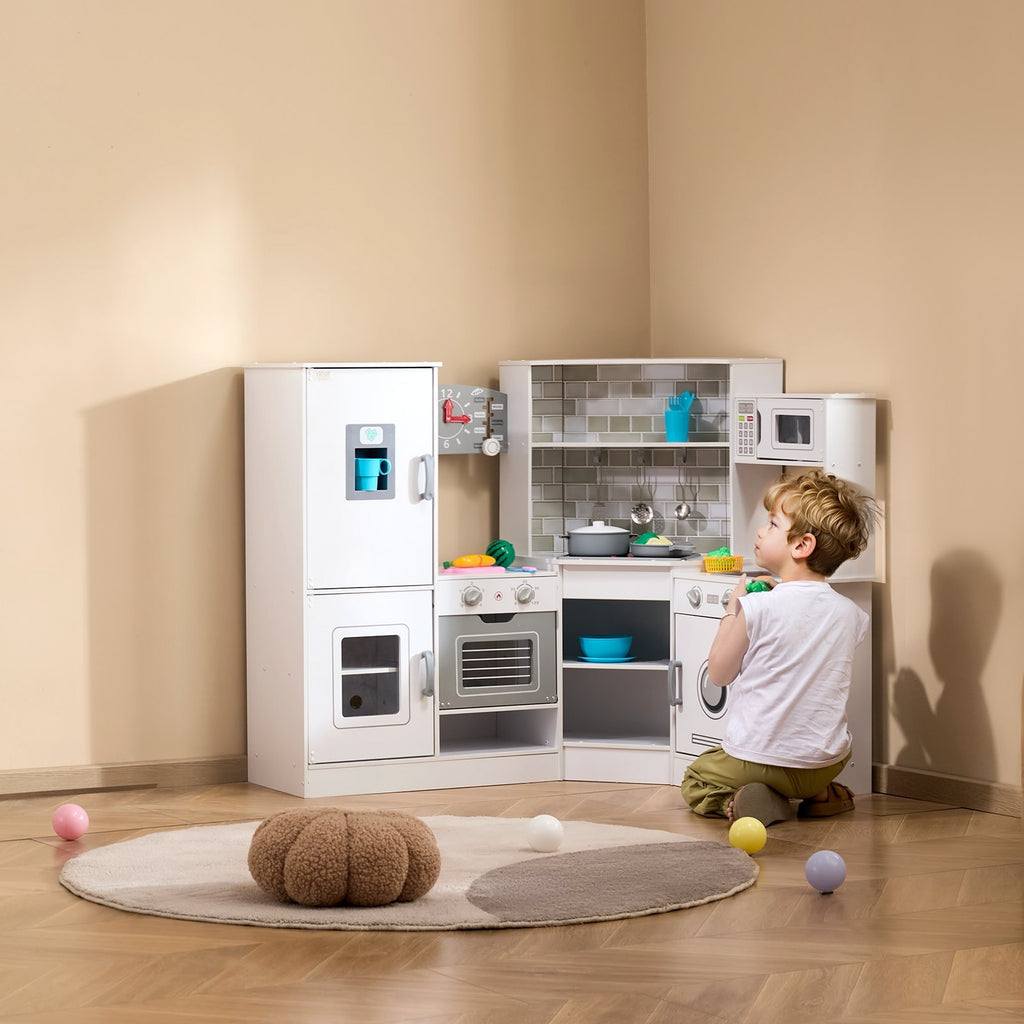 Kids Corner Wooden Kitchen Playset - Pretend Cooking Play Toy - with Stove, Oven, Sink, Fridge, Washing Machine, Microwave Oven, Clock, Storage Cabinet and 24 Accessories.