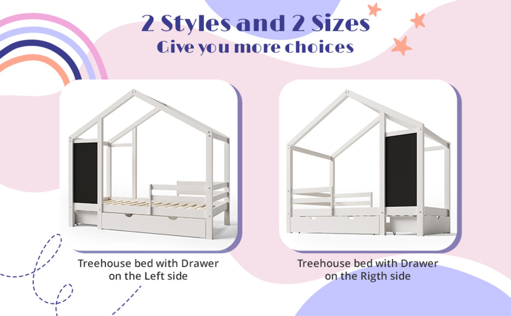 Twin House Style Bed With Blackboard And Drawers, Two Assembly Options, White