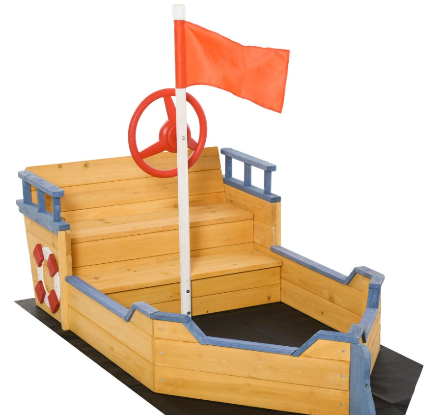 Wooden Kids Sandbox - Pirate Ship Play Boat With Bench Seats And Storage for Outside Play
