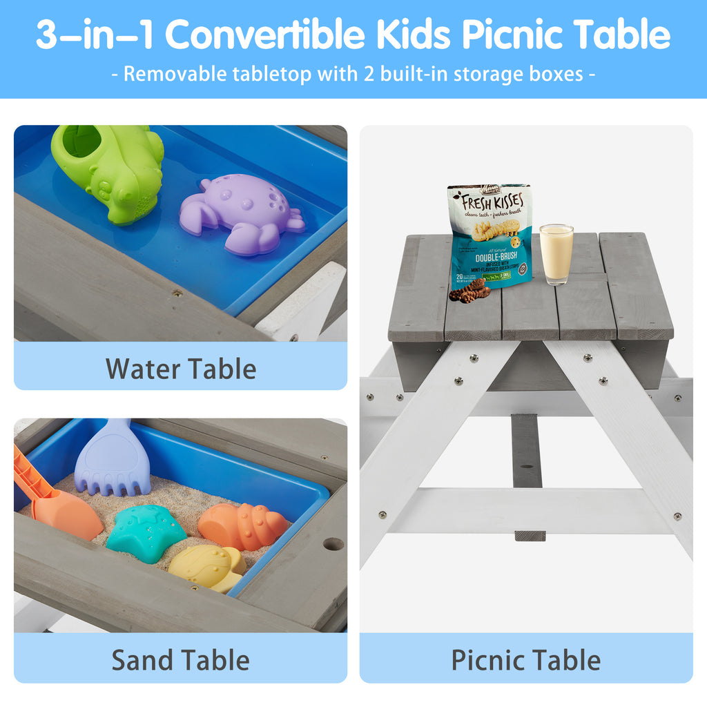 3-in-1 Kids Outdoor Wooden Picnic Table With Umbrella - Convertible for Sand And Water Play - Includes 7 Plastic Toys