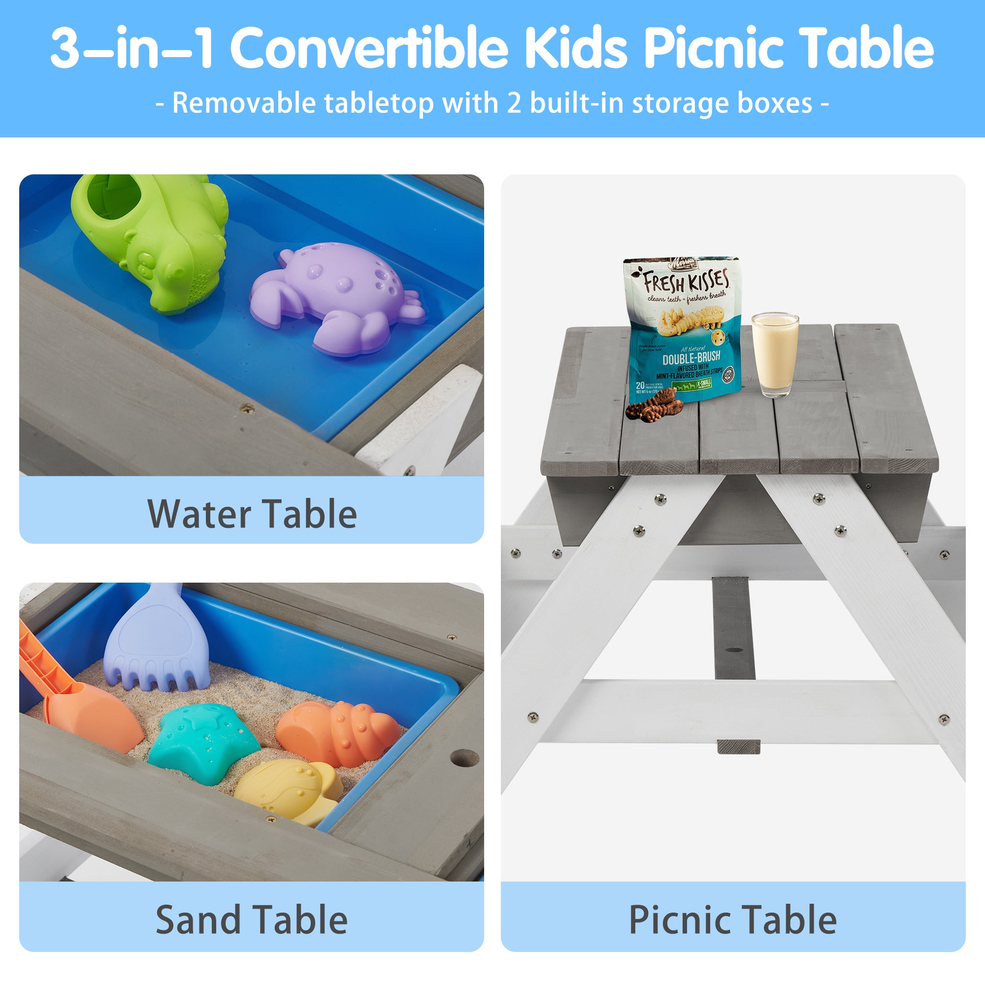 3-in-1 Kids Outdoor Wooden Picnic Table With Umbrella - Convertible for Sand And Water Play - Includes 7 Plastic Toys