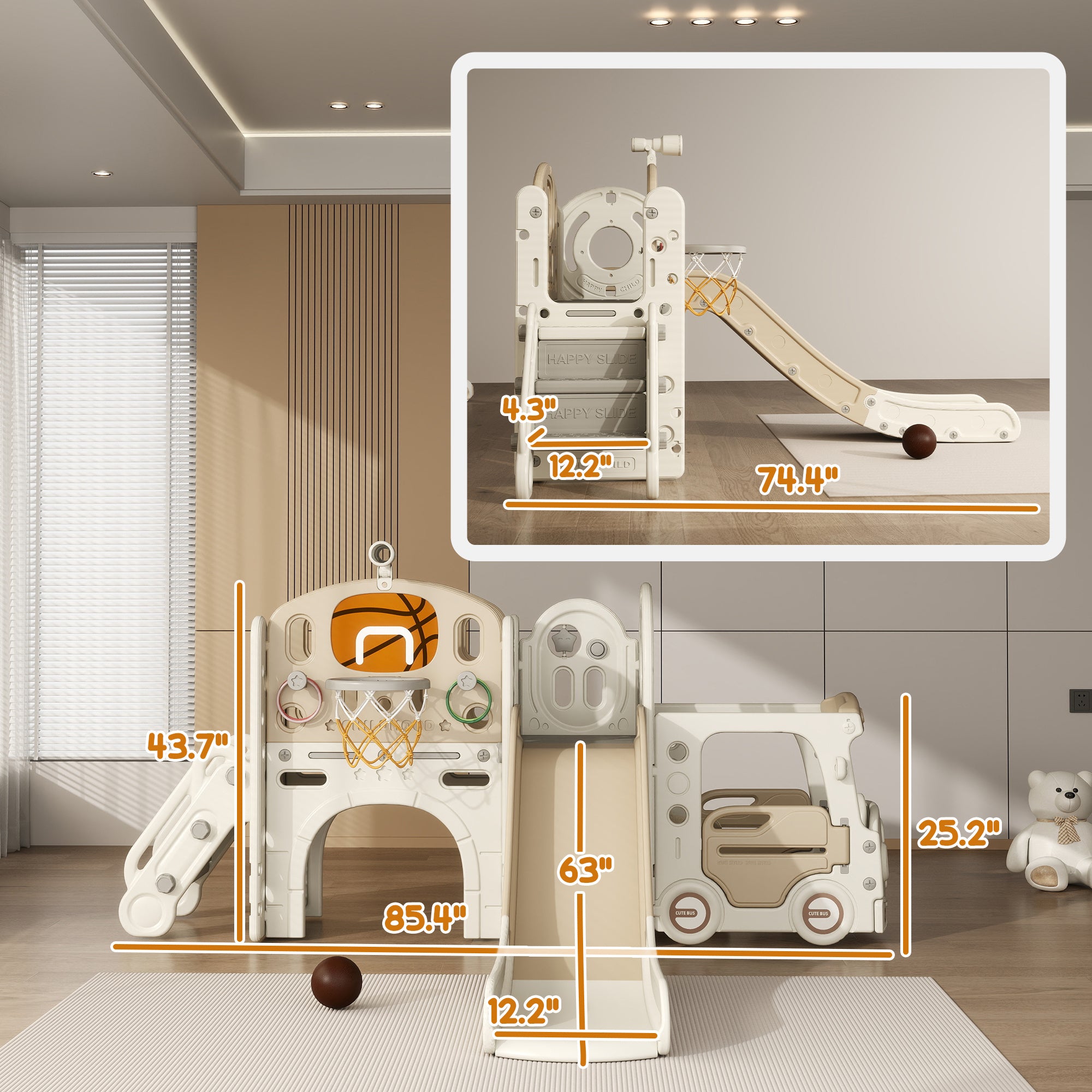 9 In 1 Toddler Indoor Slide For Kids - Ages 1-6 With Bus Front, Basketball Hoop, Climber, Storage Space, Ring Toss and Telescope.