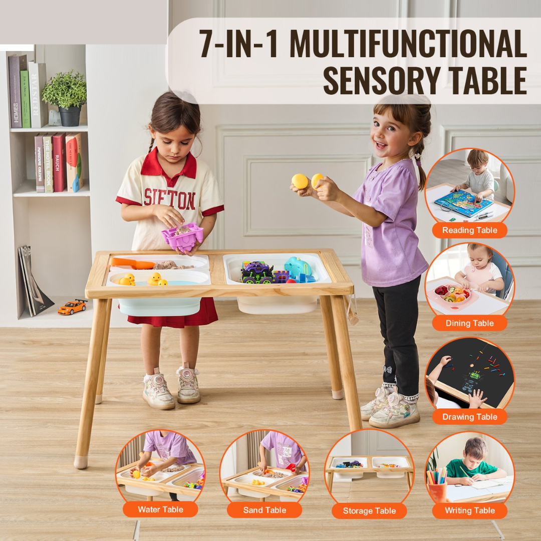 7 in 1 Multi-Sensory Activity Table For Toddlers, Kids - With 3 Foldable Storage Bins & Paper Roll Holder, Indoor Outdoor Play Sand And Water Table, Wooden Kids Sensory Table - Gift For Boys Girls