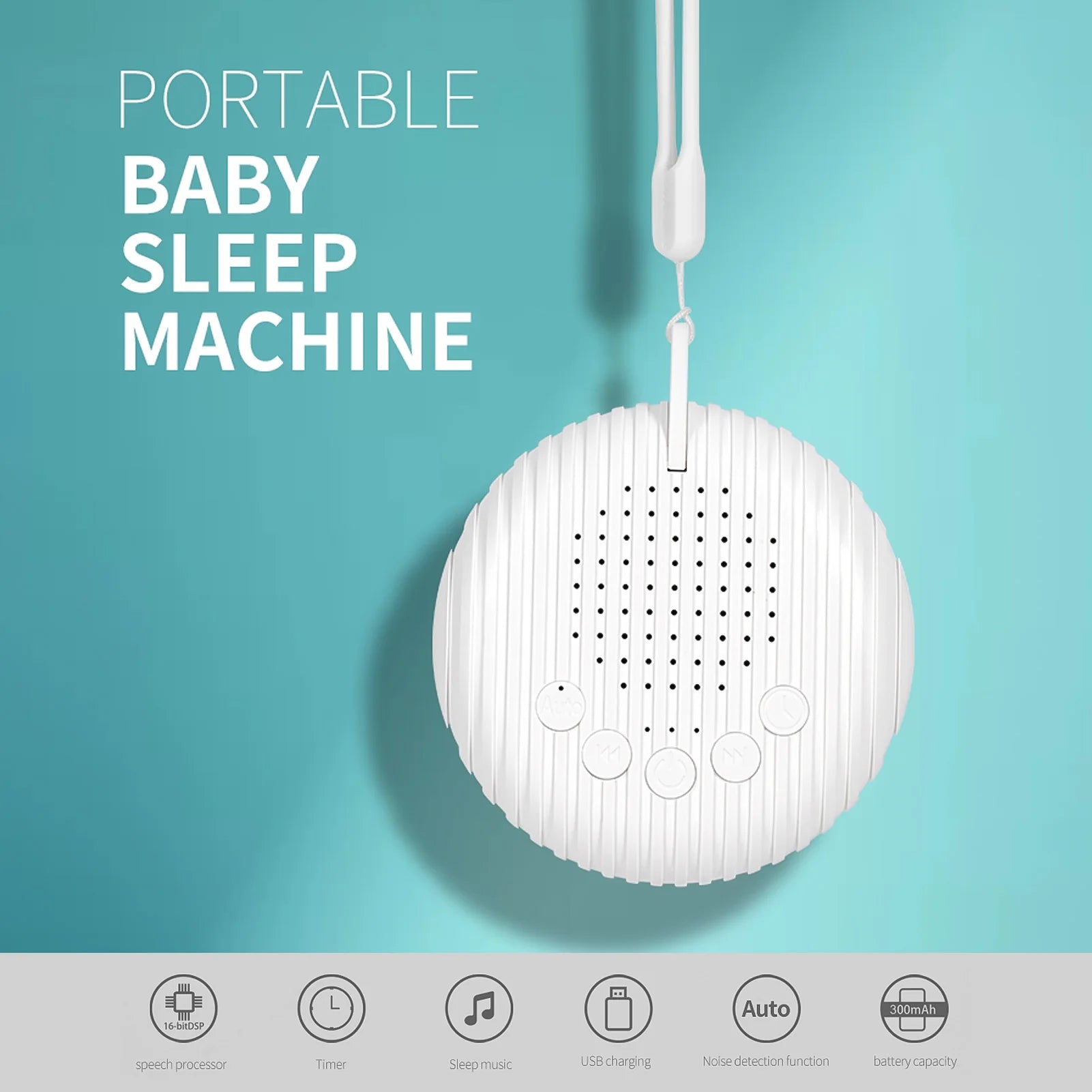 Portable White Noise Sound Sleep Machine with 10 x Soothing Sounds, Adjustable Volume, Rechargeable Battery USB for Baby.