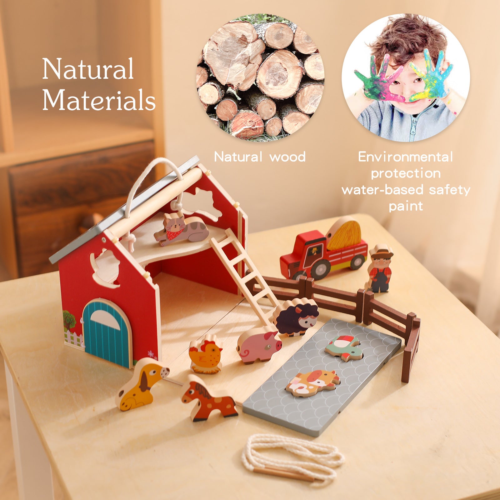 Wooden Educational Montessori Farm Playset 15 piece with Farm Animals, Big Barn and Tractor.