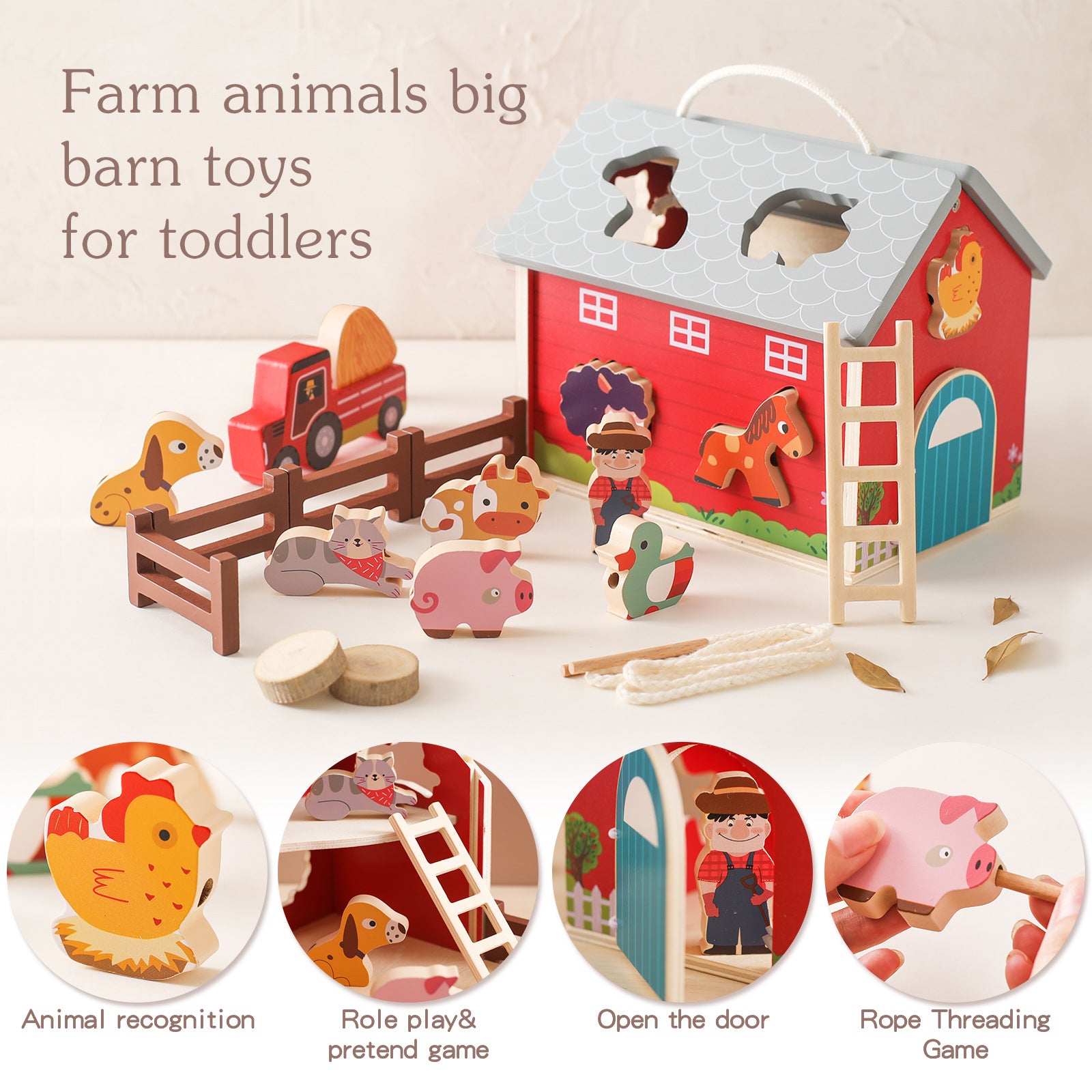Wooden Educational Montessori Farm Playset 15 piece with Farm Animals, Big Barn and Tractor.