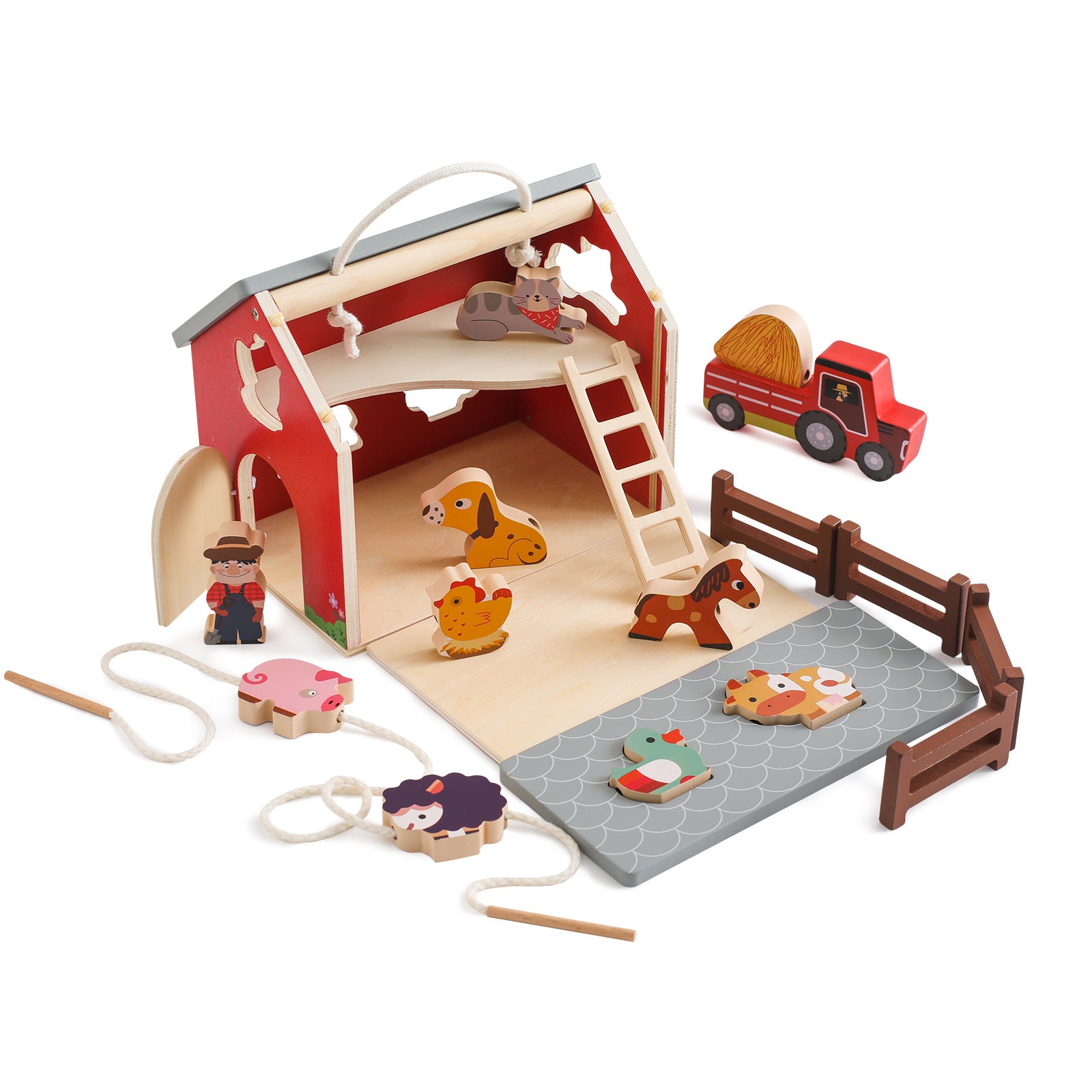 Wooden Educational Montessori Farm Playset 15 piece with Farm Animals, Big Barn and Tractor.
