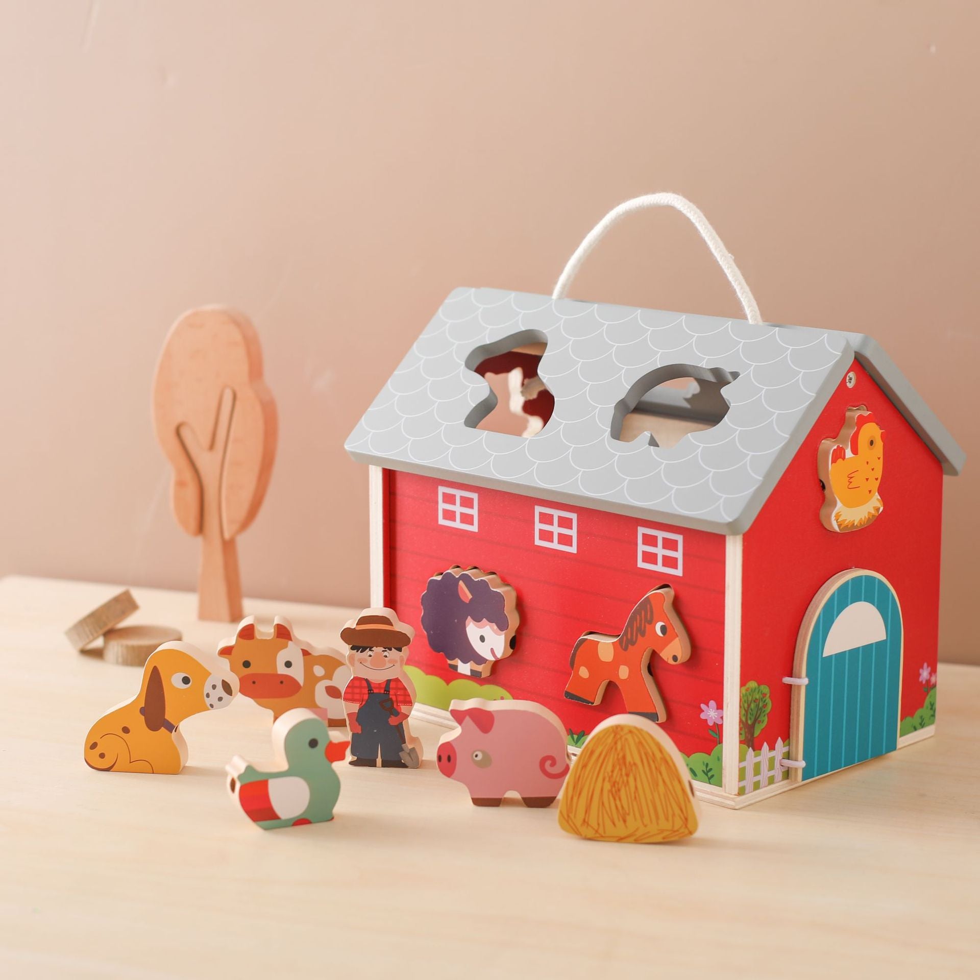 Wooden Educational Montessori Farm Playset 15 piece with Farm Animals, Big Barn and Tractor.