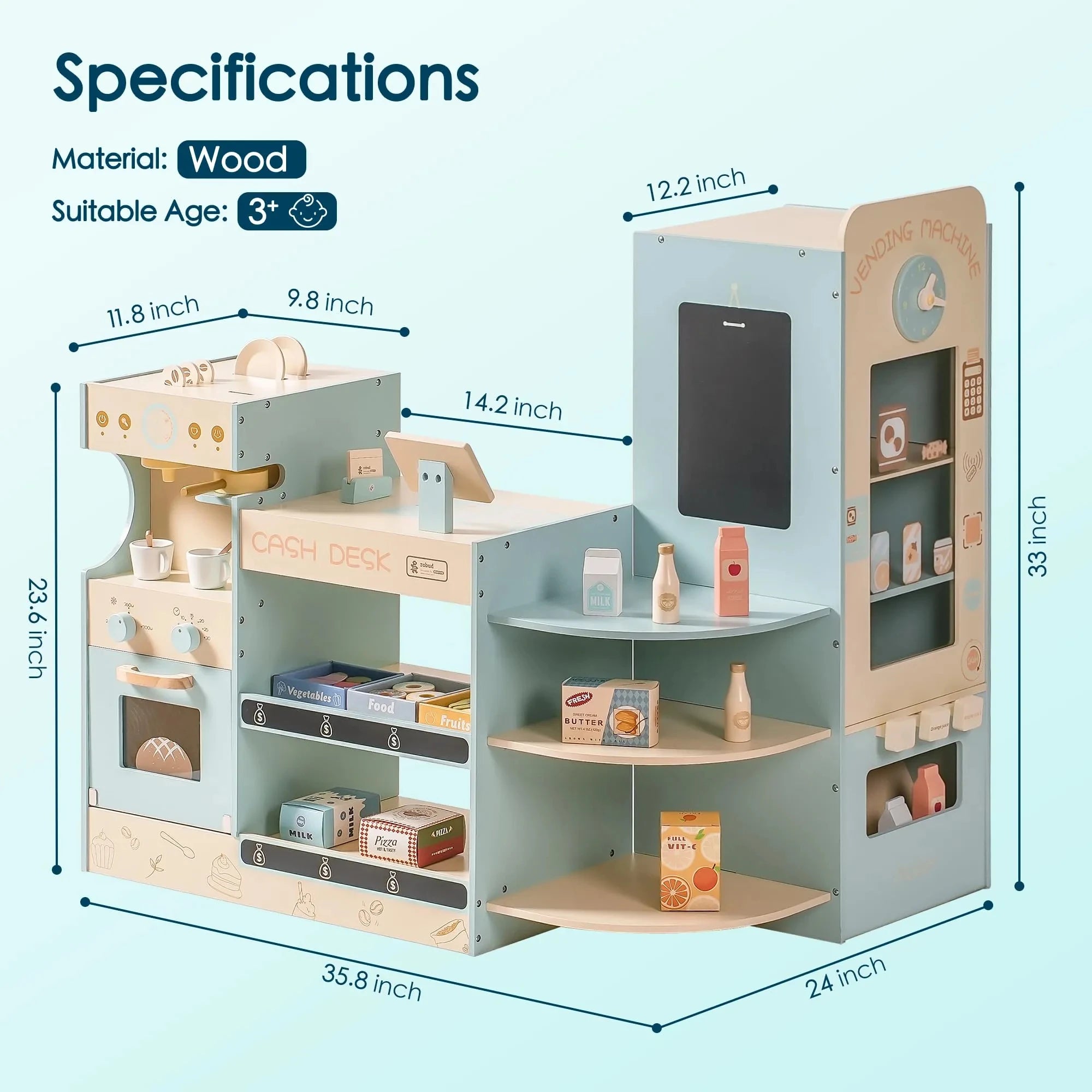 Wooden Montessori Educational Supermarket Pretend Playset with Cash Register, Vending and Coffee Machine and Accessories.